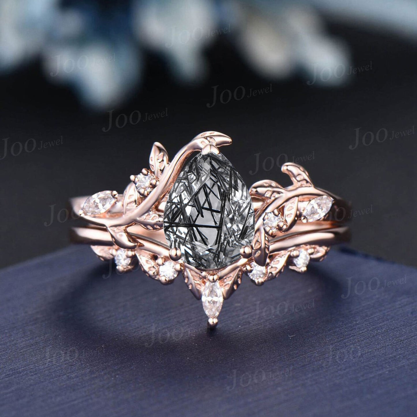 Antique Natural Black Rutilated Quartz Pear Engagement Ring Leaf Nature Inspired Black Spinel Diamond Ring Women Art Deco Black Promise Ring