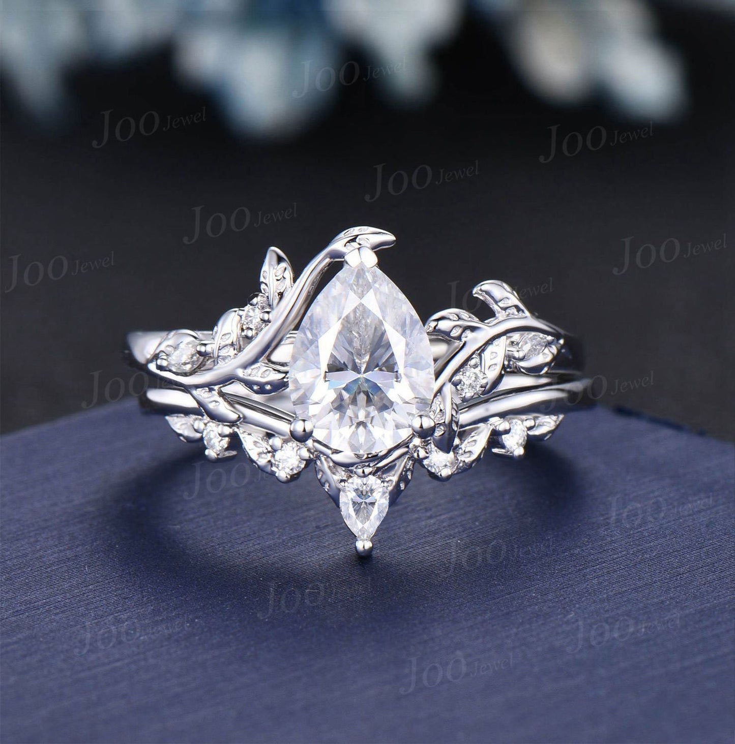 Teardrop Moissanite Diamond Wedding Ring Black Gold Band Leaf Vine Branch Bridal Set 1.25ct Pear Moissanite Bypass Wedding Ring for Women