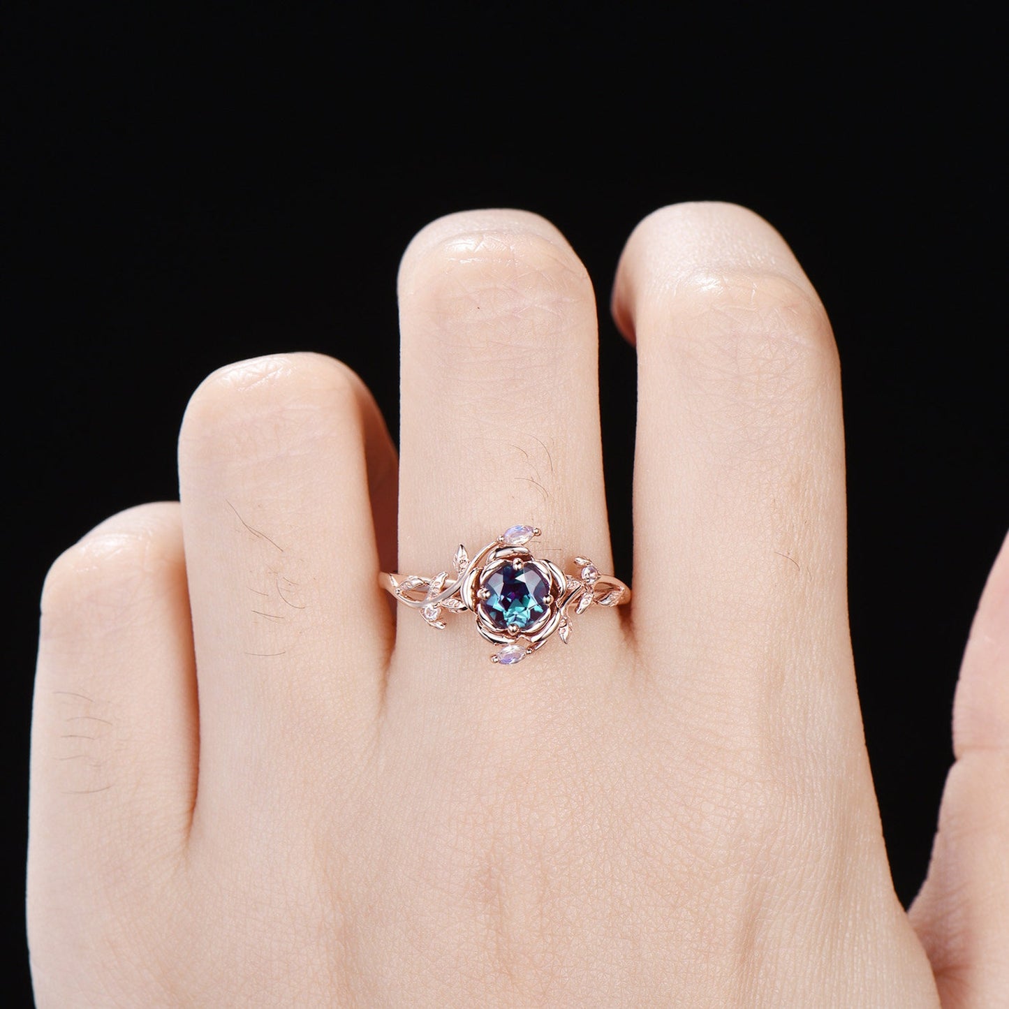 Rose Flower Engagement Ring 5mm Round Color-Change Alexandrite Moonstone Wedding Ring Rose Gold Branch Leaf Ring Women June Birthstone Gifts