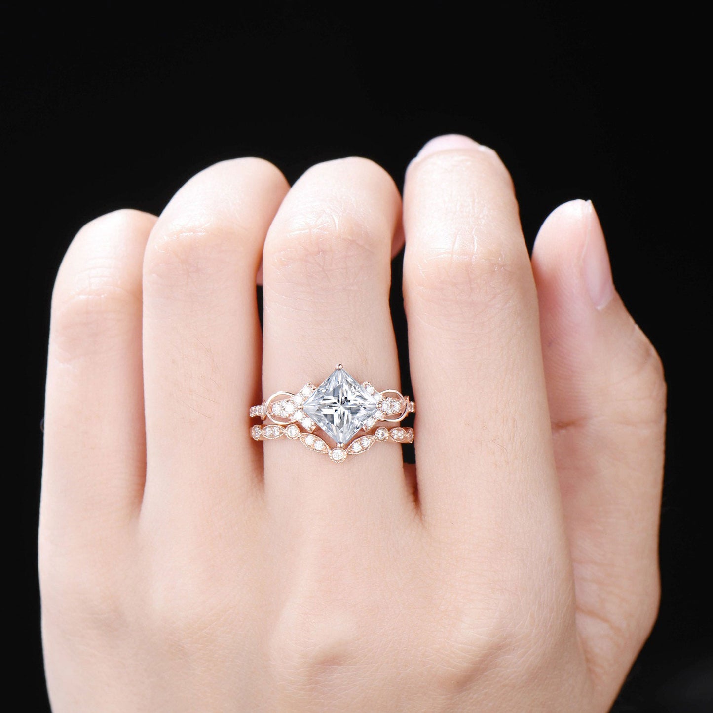 7mm Princess Cut Diamond Engagement Rings Set Luxury Gifts 14K Rose Gold Princess Lab Grown Diamond Cluster Bridal Set with IGI Certificate