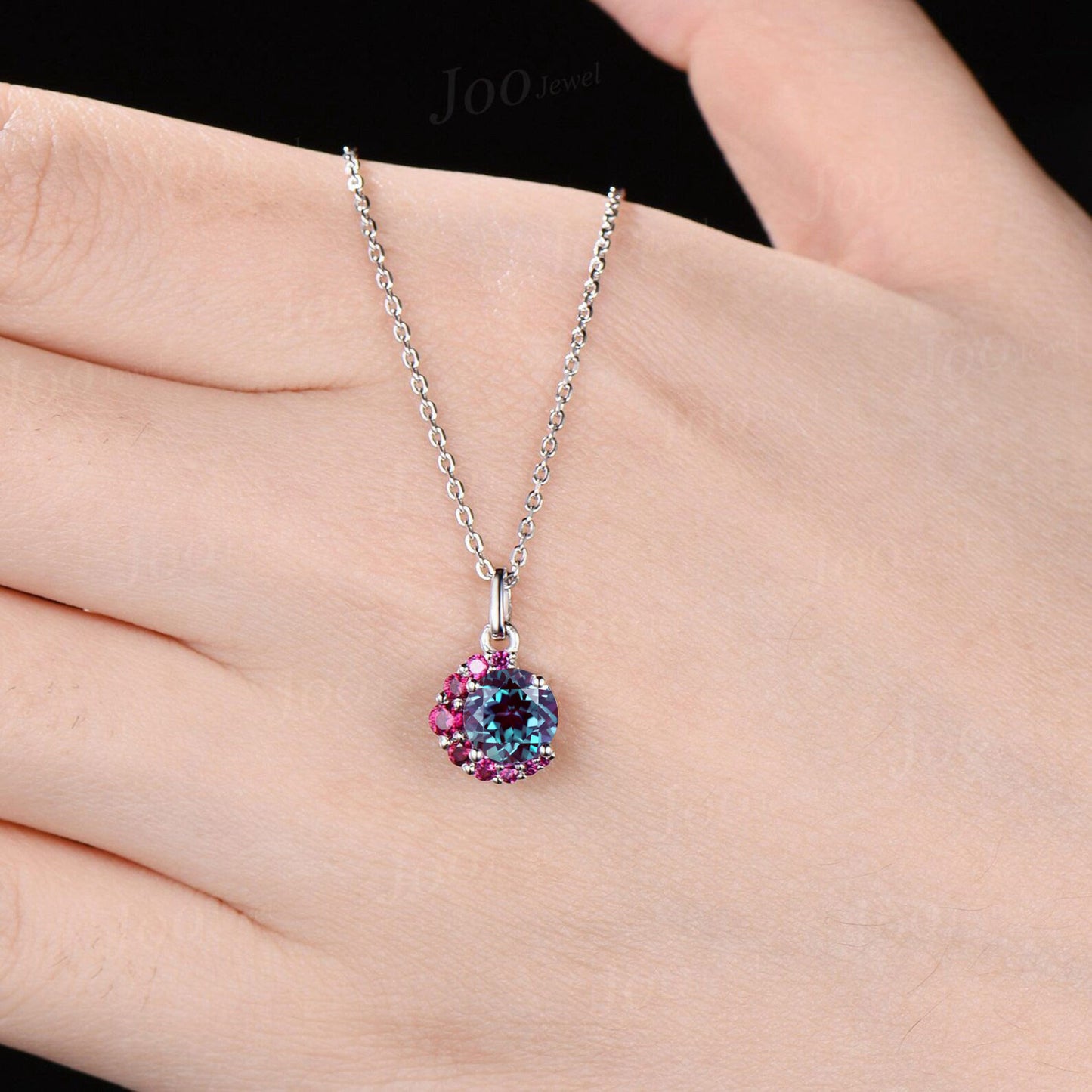 Round Color-Change Alexandrite Ruby Necklace Sterling Silver Crescent Moon Pendant Vintage Antique June Birthstone Necklace Birthday Gifts