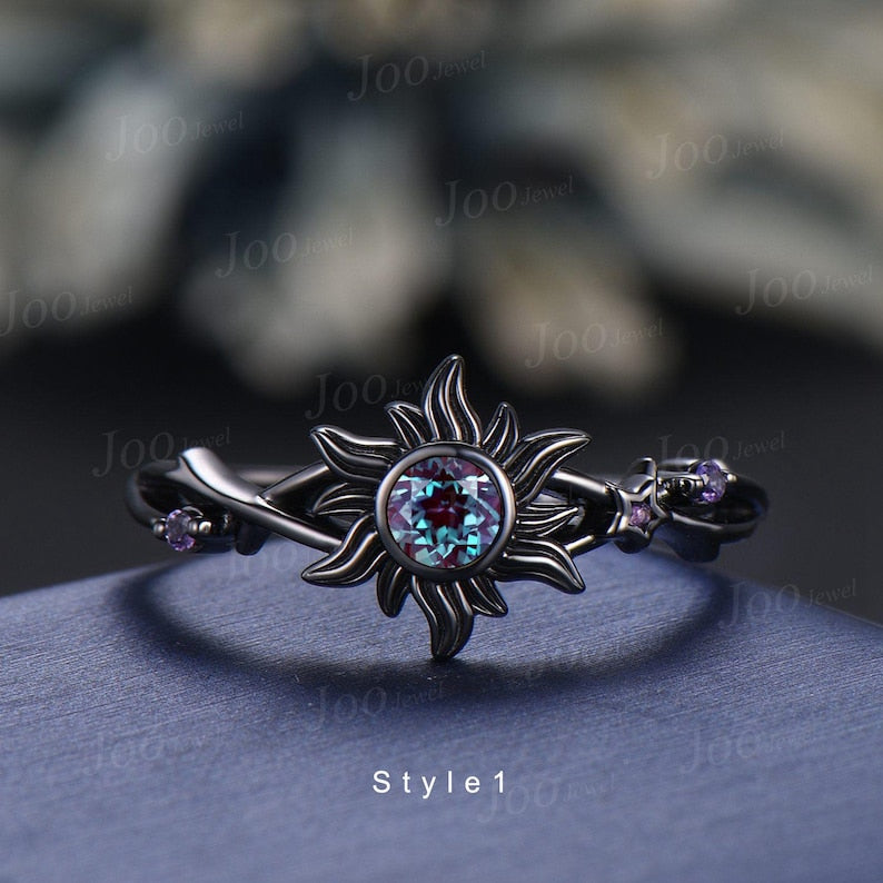 Sterling Silver Sun Engagement Ring Twig Vine Color-Changed Alexandrite Wedding Ring Cluster Amethyst Promise Ring Rapunzel Inspired Jewelry