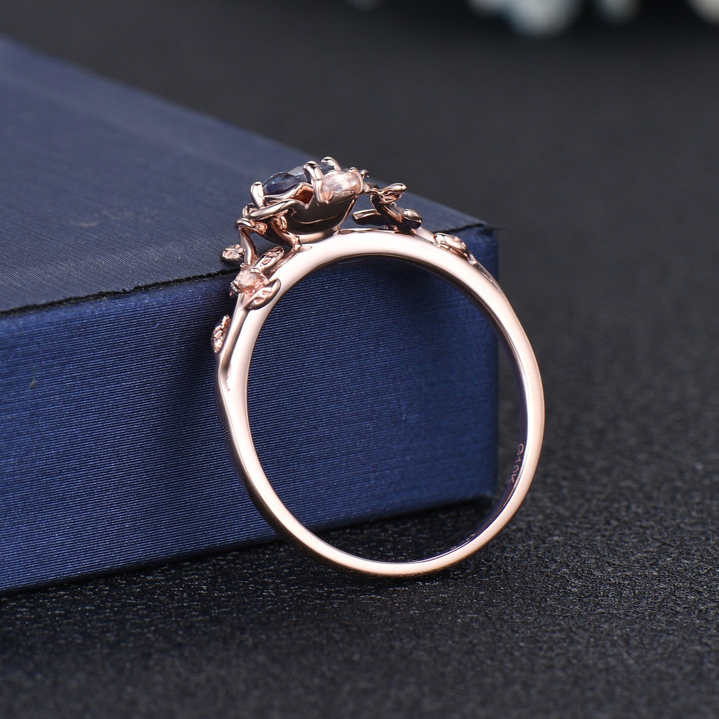 Rose Flower Engagement Ring 5mm Round Color-Change Alexandrite Moonstone Wedding Ring Rose Gold Branch Leaf Ring Women June Birthstone Gifts
