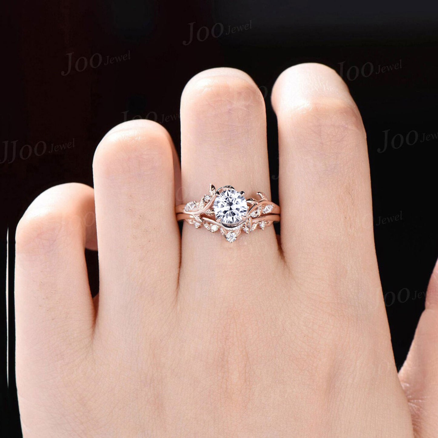 1ct Round Cut Moissanite Engagement Ring 14K Rose Gold Nature Inspired Diamond Engagement Ring Leaf Wedding Bridal Set Unique Proposal Gifts