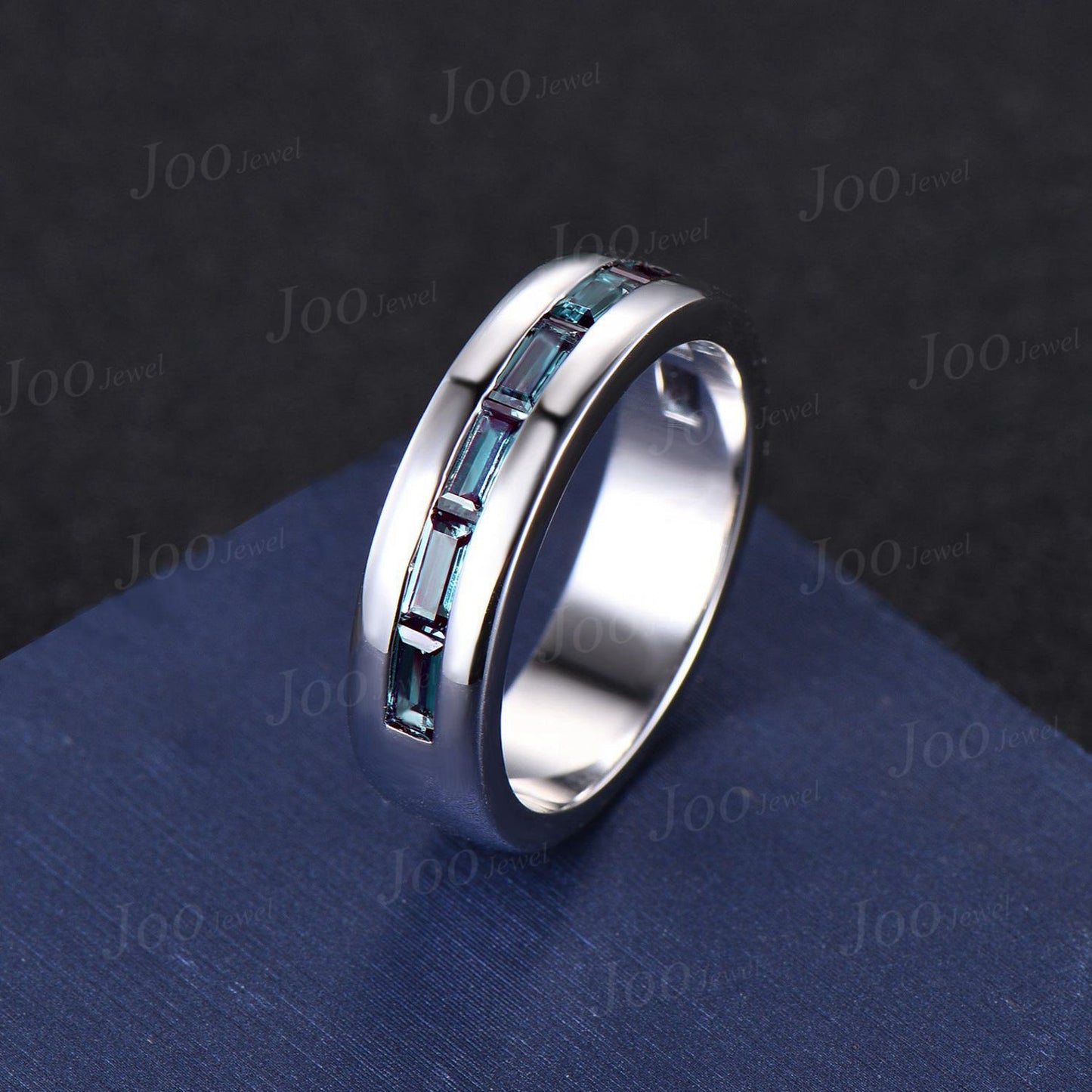 Mens Alexandrite Polish Finish Wedding Band Baguette Cut Alexandrite Band 6mm Solid Gold Vintage Half Eternity Band Men Solitaire Retro Ring
