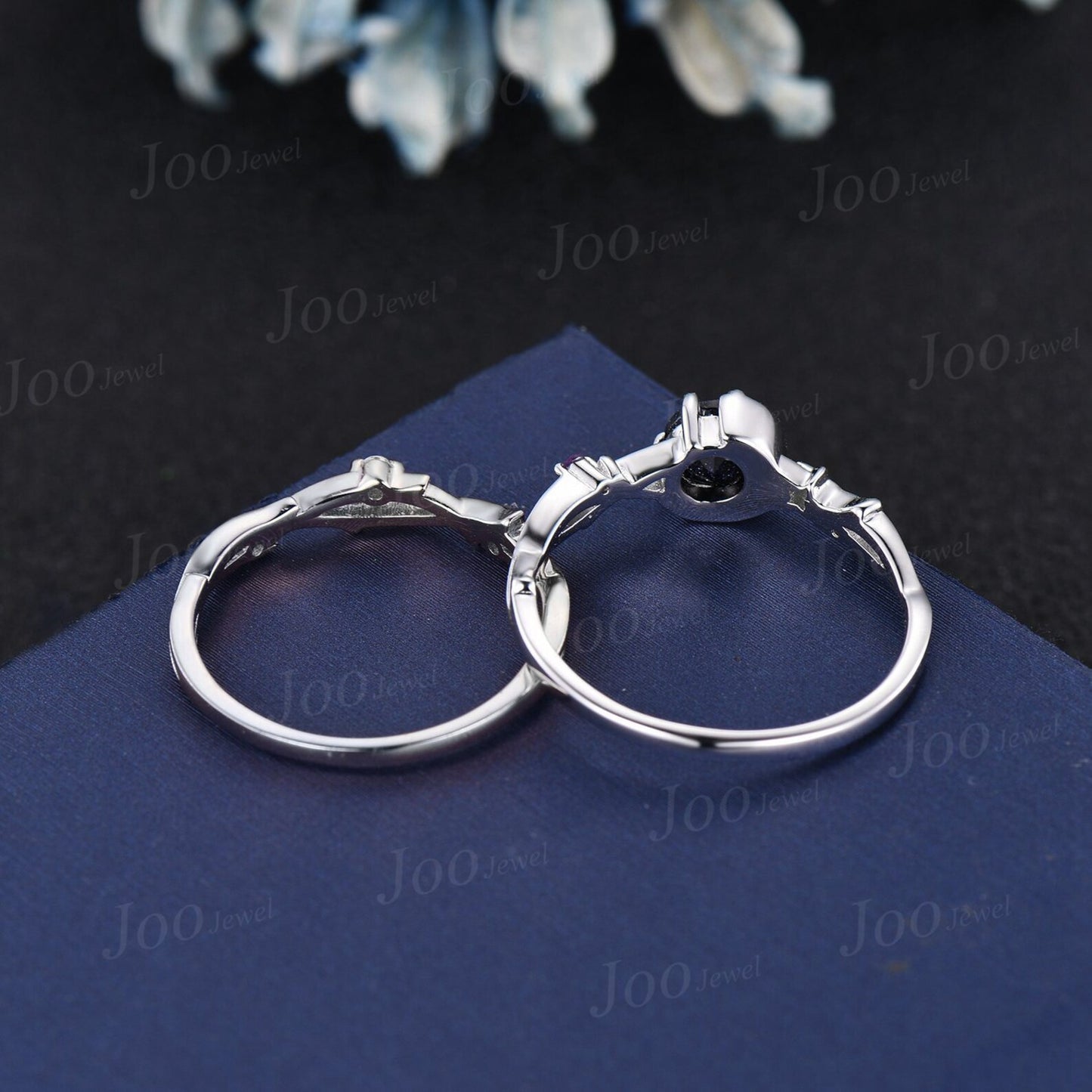 5mm Round Cut Twig Vine Starry Sky Galaxy Blue Sandstone Ring Set Sterling Silver Moon Star Amethyst Ring Celestial Moon Blue Goldstone Ring