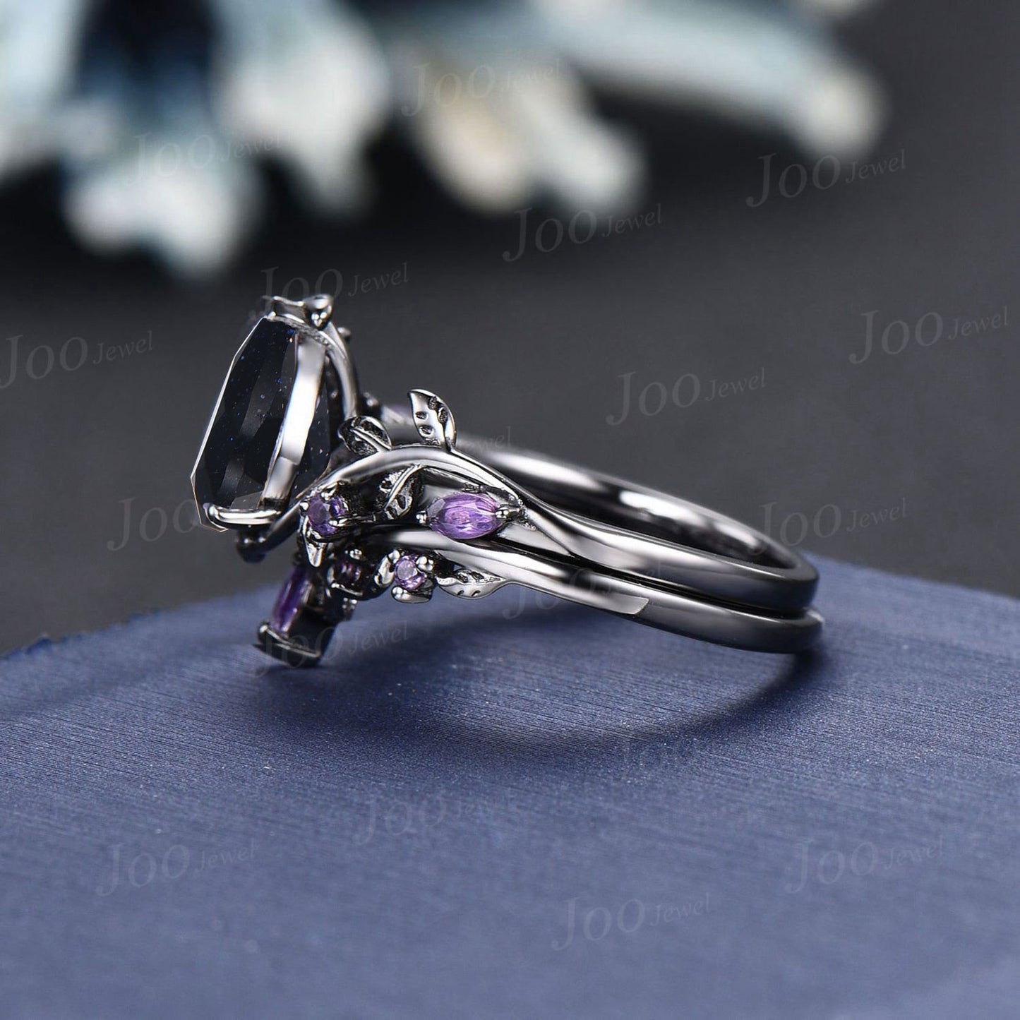 Pear Galaxy Blue Sandstone Amethyst Engagement Ring Set Vintage 14k Black Gold Wedding Ring Starry Sky Blue Goldstone Bridal Ring for Women