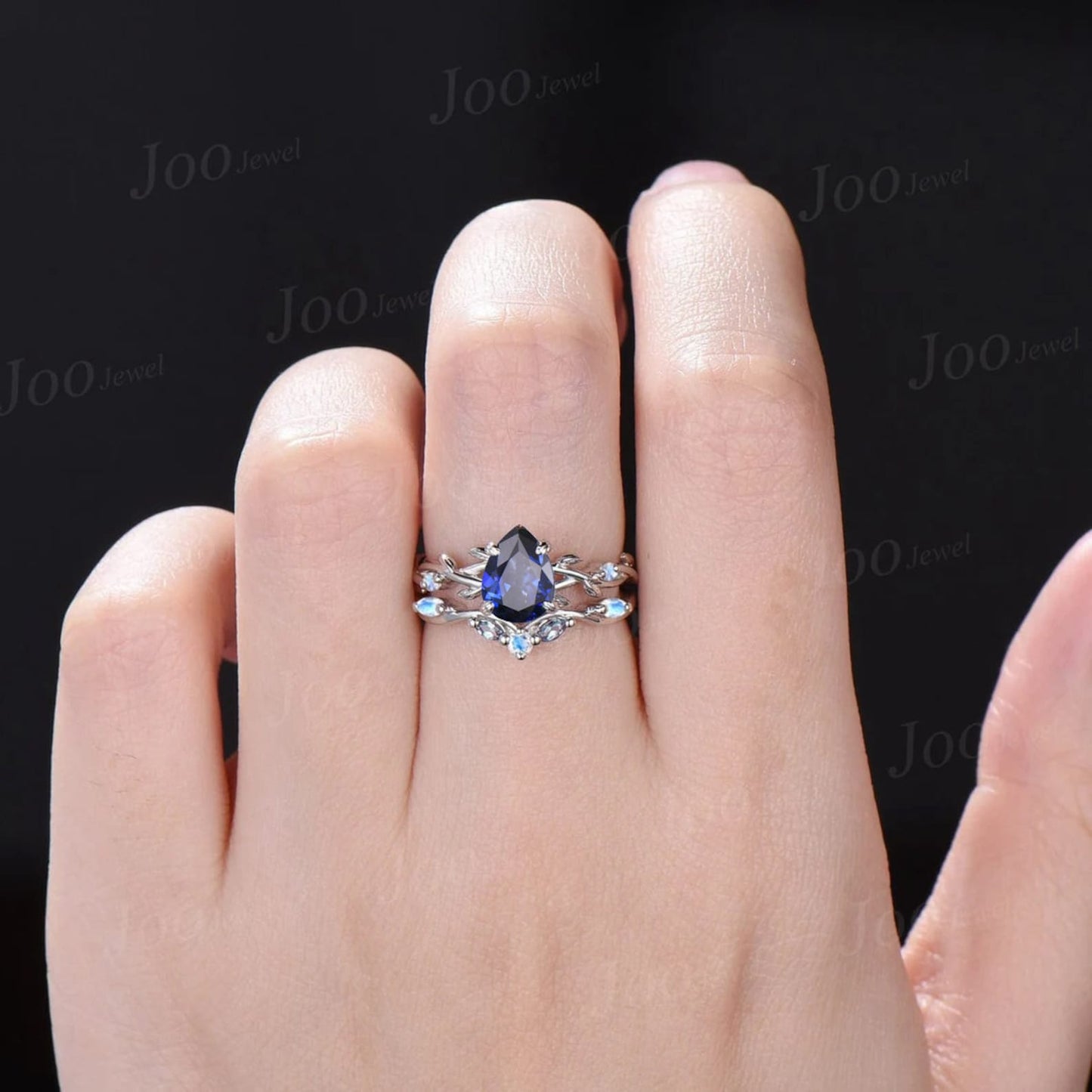 1.25ct Twig Vine Pear Blue Sapphire Bridal Set Sterling Silver Twig Vine Moonstone Alexandrite Wedding Ring September Birthstone Birthday Gifts
