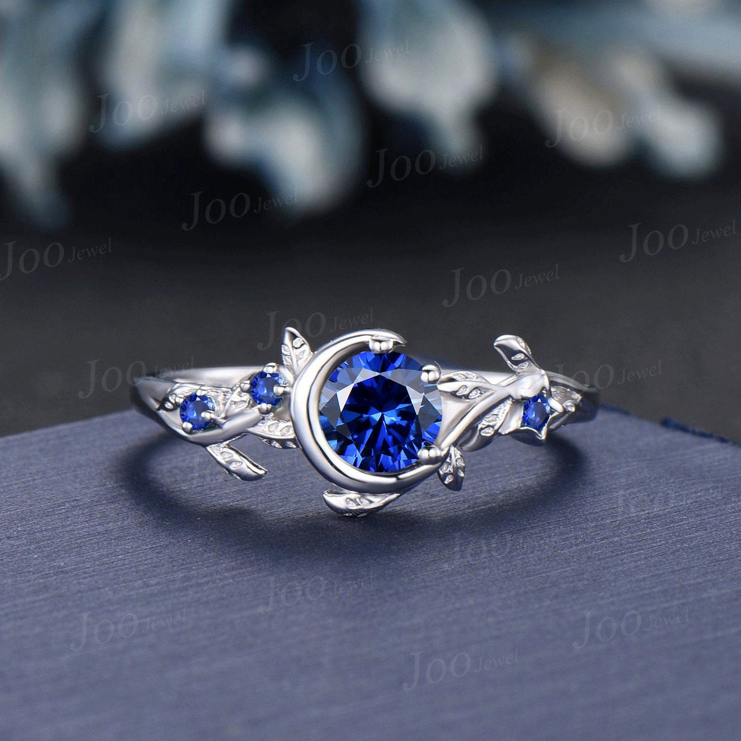 Nature Inspired Leaf Blue Sapphire Wedding Ring Moon Star Design Vintage Round Sapphire Engagement Ring September Birthstone Birthday Gifts