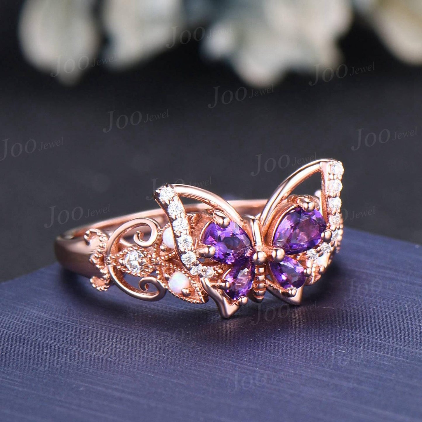 Unique Amethyst Opal Butterfly Engagement Ring 14K Solid Rose Gold Filigree Hollow Crafts Vintage Fantasy Bridal Set Butterfly Wedding rings