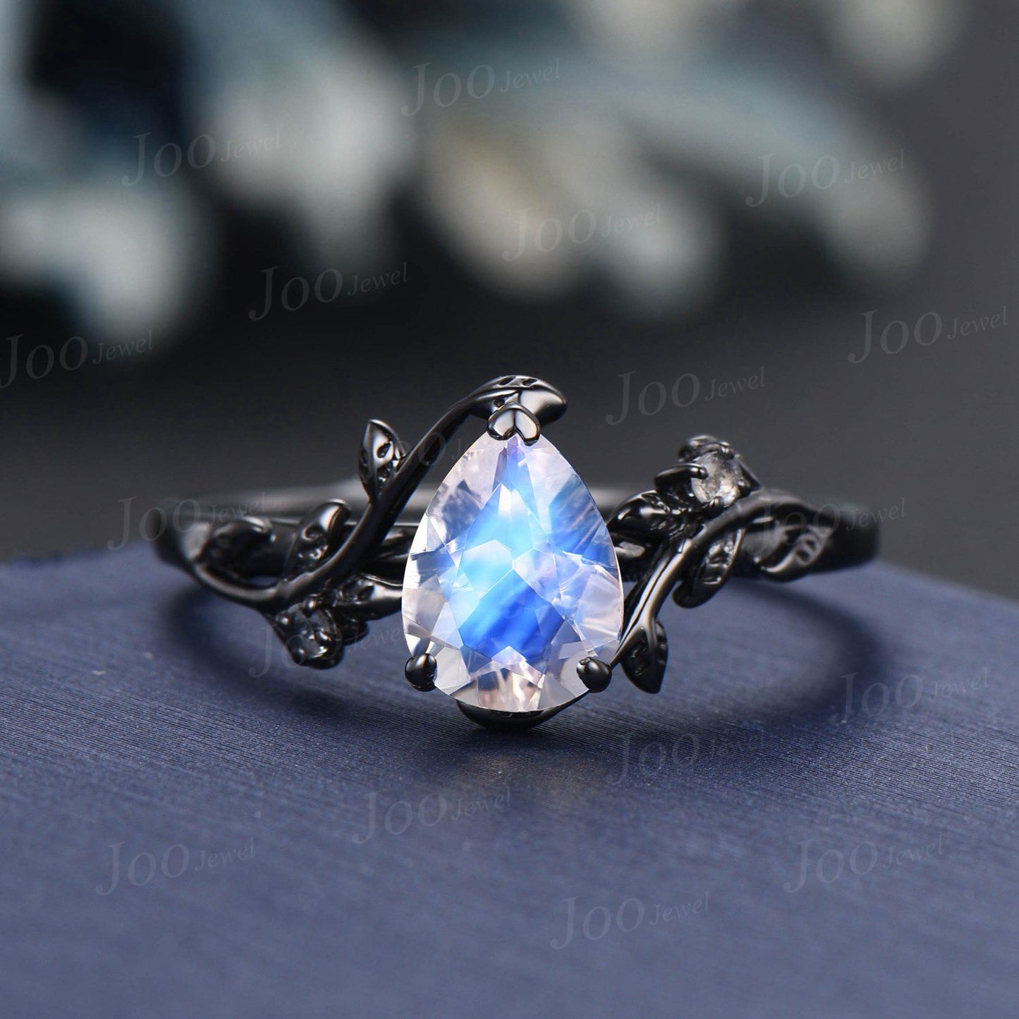 14K Black Gold Engagement Ring Pear Cut Rainbow Moonstone Ring Set Branch Leaf Natural Moonstone Bridal Set Blue Gemstone Ring Proposal Gift
