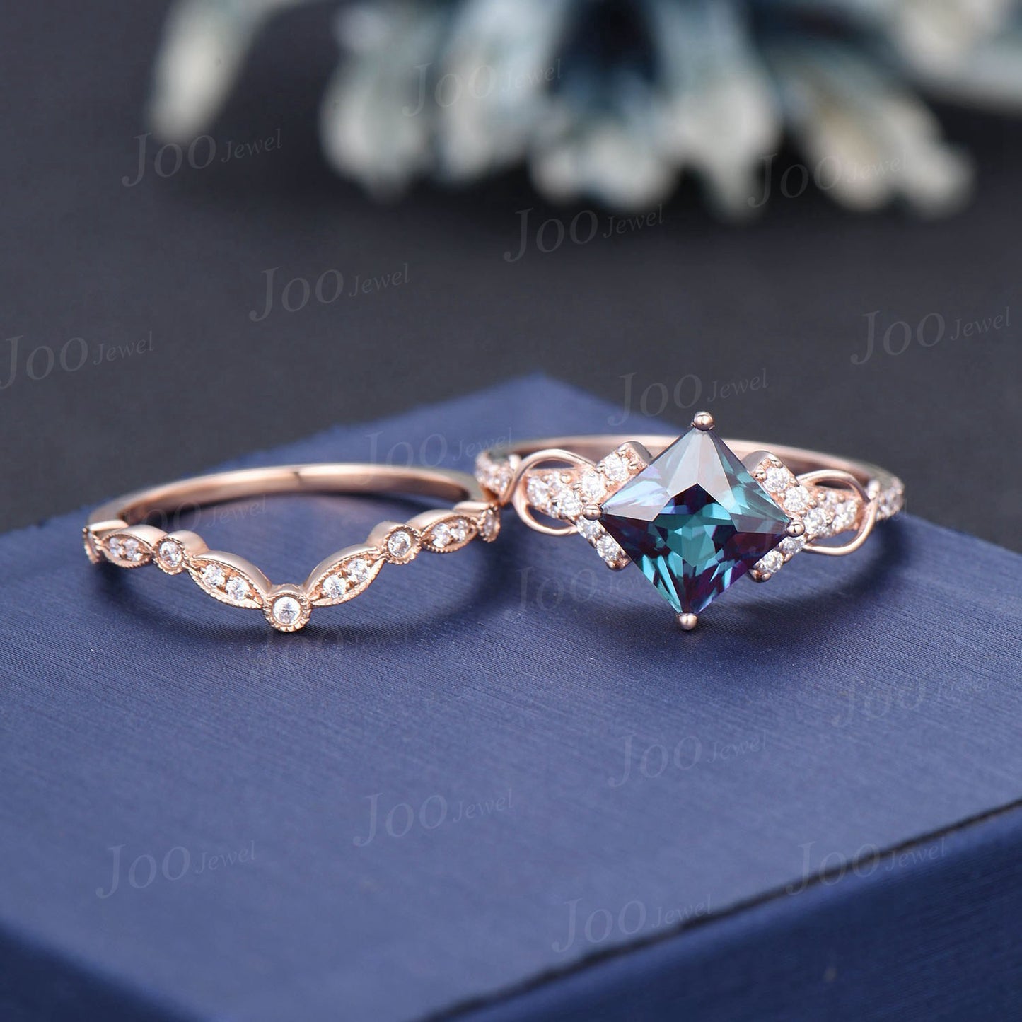 Princess Cut Color-Change Alexandrite Wedding Ring Set Rose Gold Half Eternity Moissanite Ring Unique Infinity Love Promise/Anniversary Ring