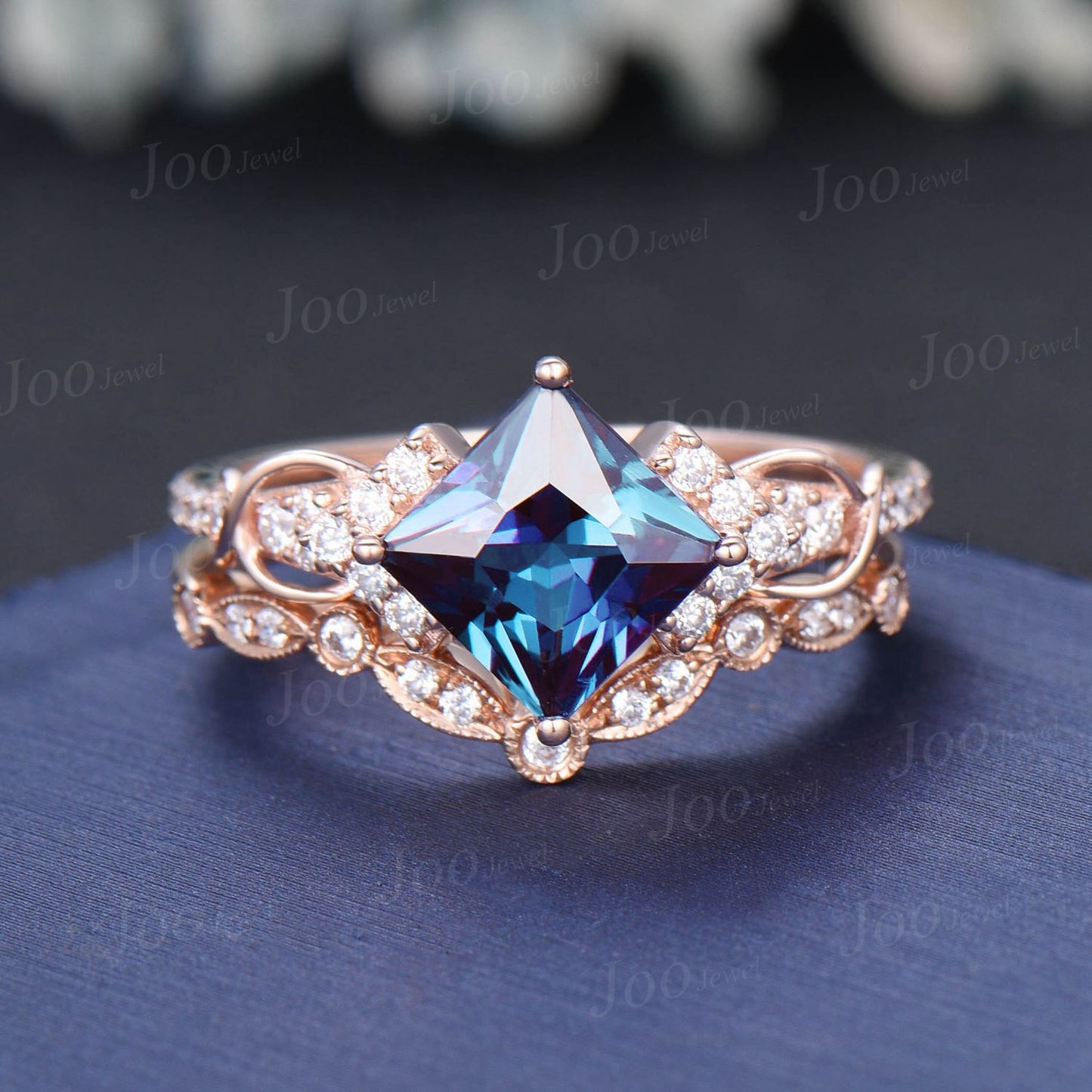 Princess Cut Color-Change Alexandrite Wedding Ring Set Rose Gold Half Eternity Moissanite Ring Unique Infinity Love Promise/Anniversary Ring