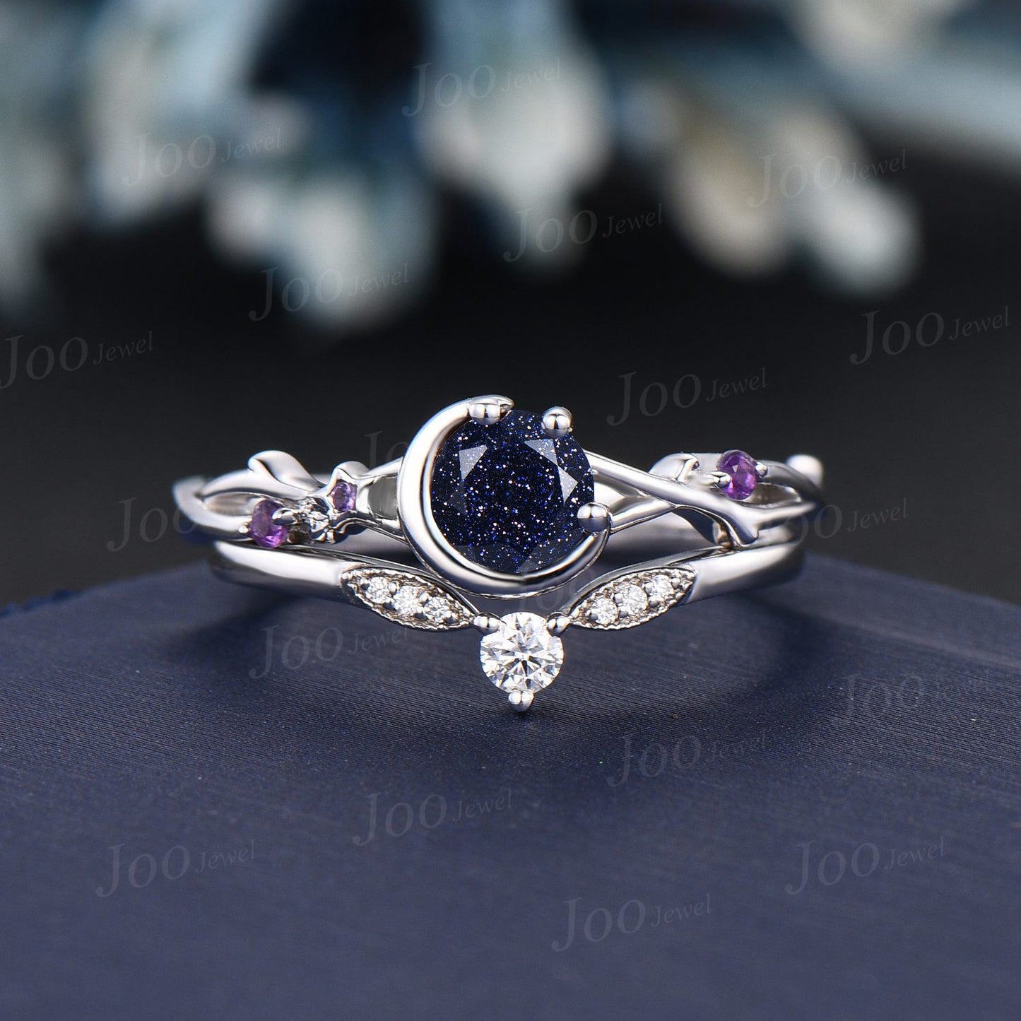 Sterling Silver Twig Vine Galaxy Blue Goldstone Amethyst Bridal Set Celestial Moon Ring Round Starry Night Blue Sandstone Wedding Ring Women