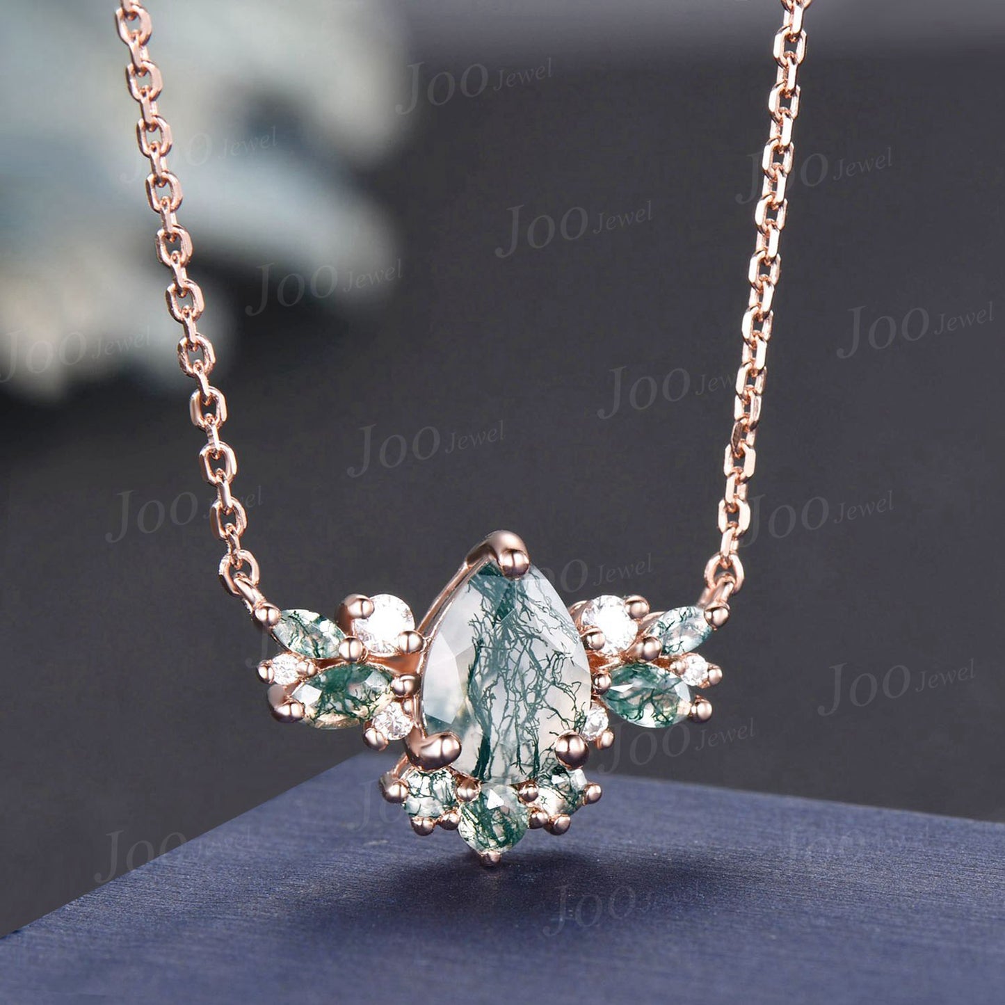 Natural Pear Moss Agate Necklace 14K/18K Rose Gold Green Gemstone Necklace Vintage Cluster Marquise Moss Agate Moissanite Butterfly Pendant