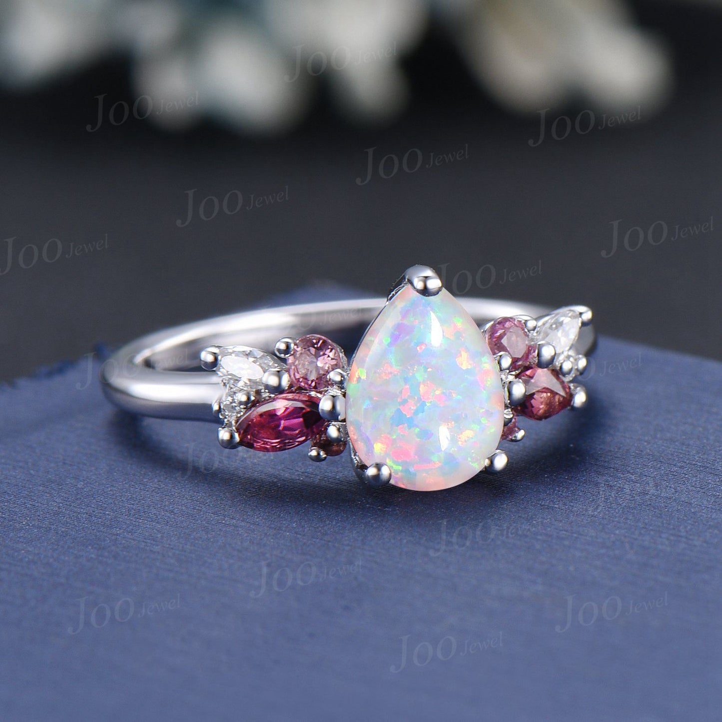 White Opal Ring 10K/14K/18K Rose Gold Opal Cluster Engagement Ring Real Pink Tourmaline Wedding Ring October Birthstone Jewelry Gift Women