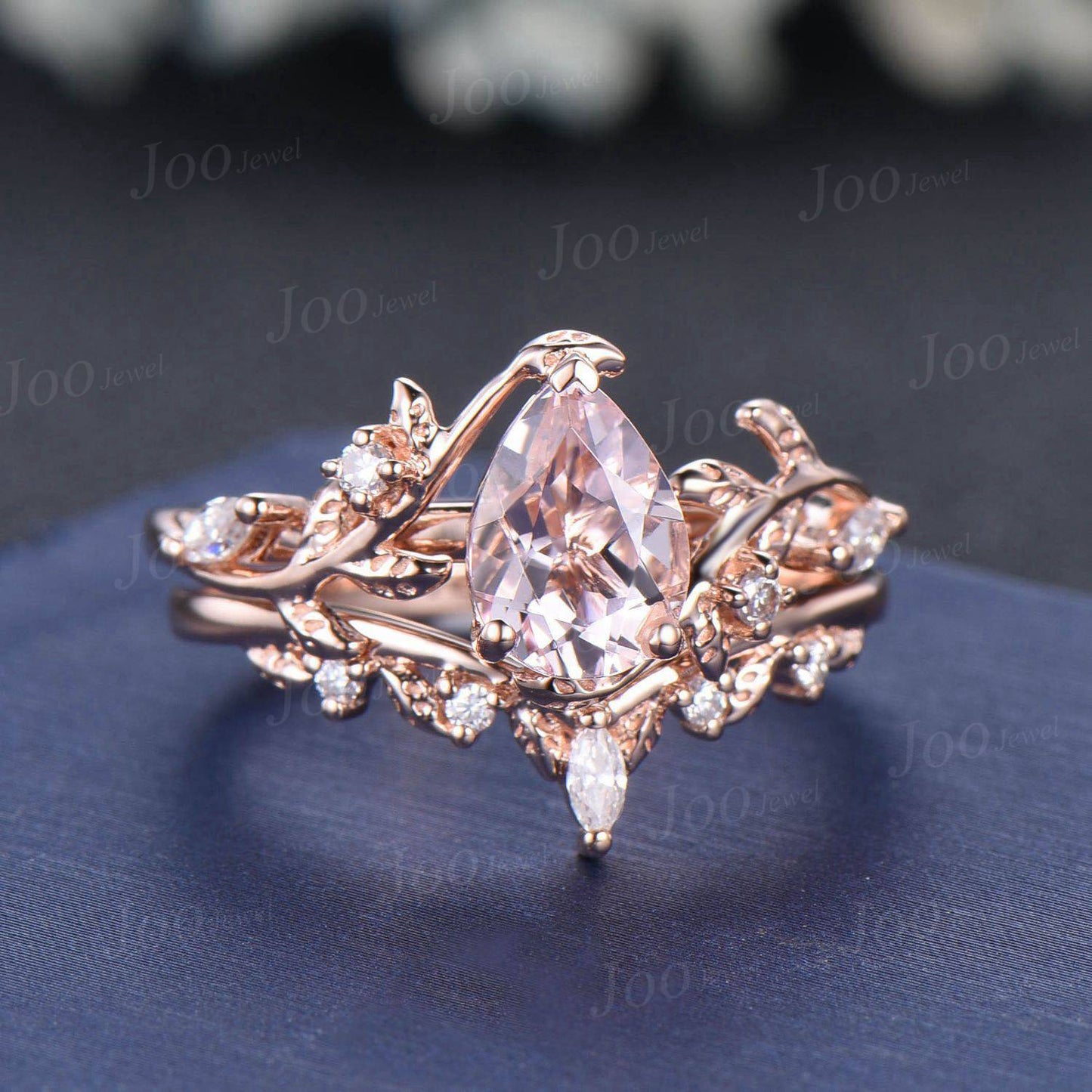 Pear Cut Natural Pink Morganite Diamond Leaf Engagement Ring Set 14K Rose Gold Branch Nature Inspired Real Diamond Morganite Wedding Ring