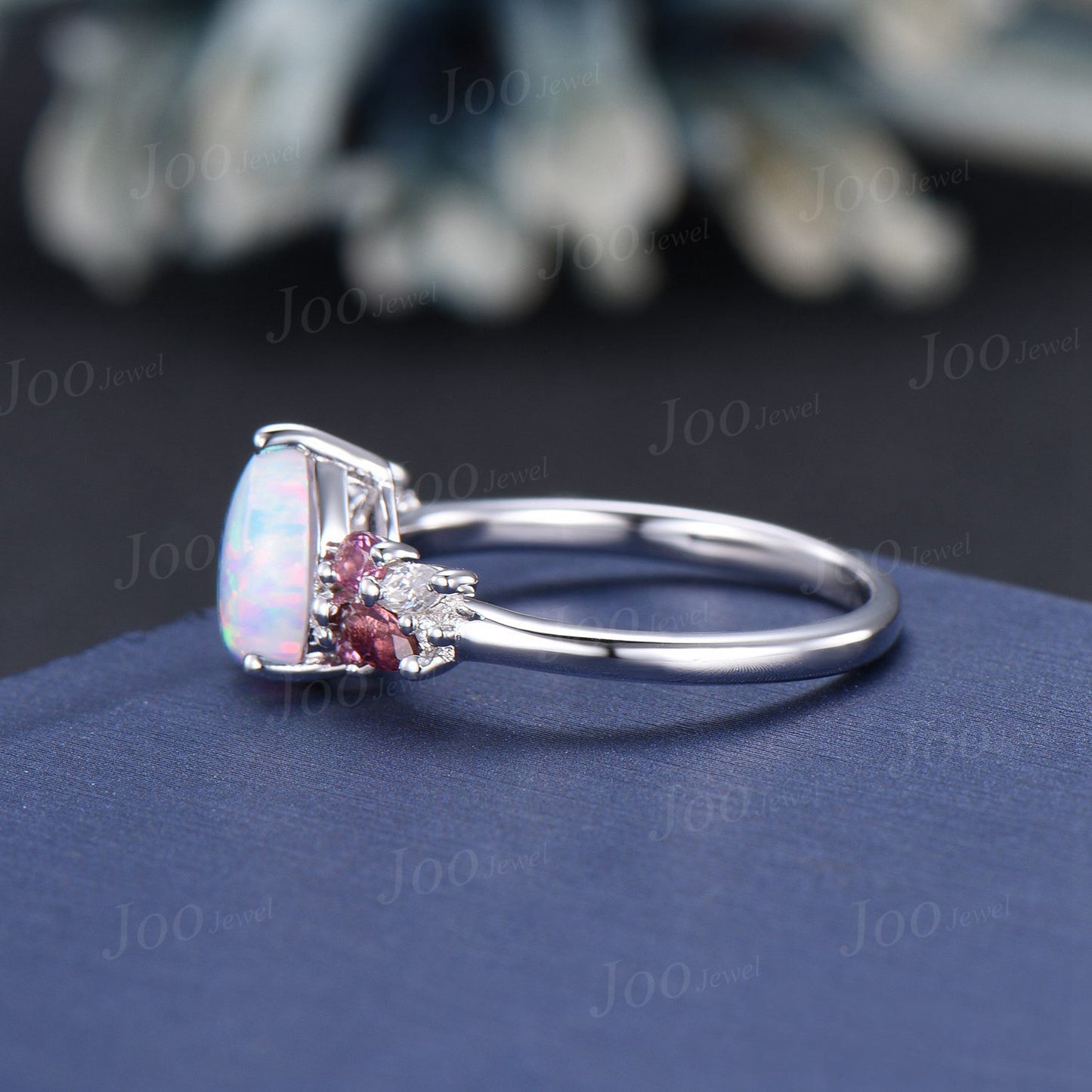 White Opal Ring 10K/14K/18K Rose Gold Opal Cluster Engagement Ring Real Pink Tourmaline Wedding Ring October Birthstone Jewelry Gift Women