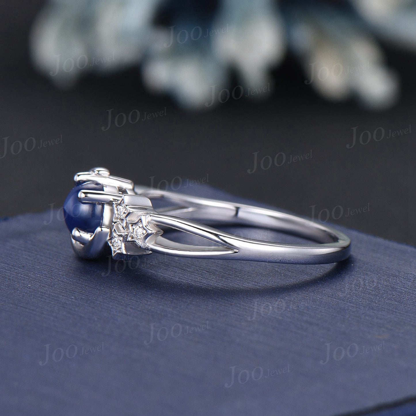 5mm Round Star Sapphire Moon Star Engagement Ring Cluster Wedding Ring Split Shank Band Unique Personalized Anniversary/Promise Ring for Her