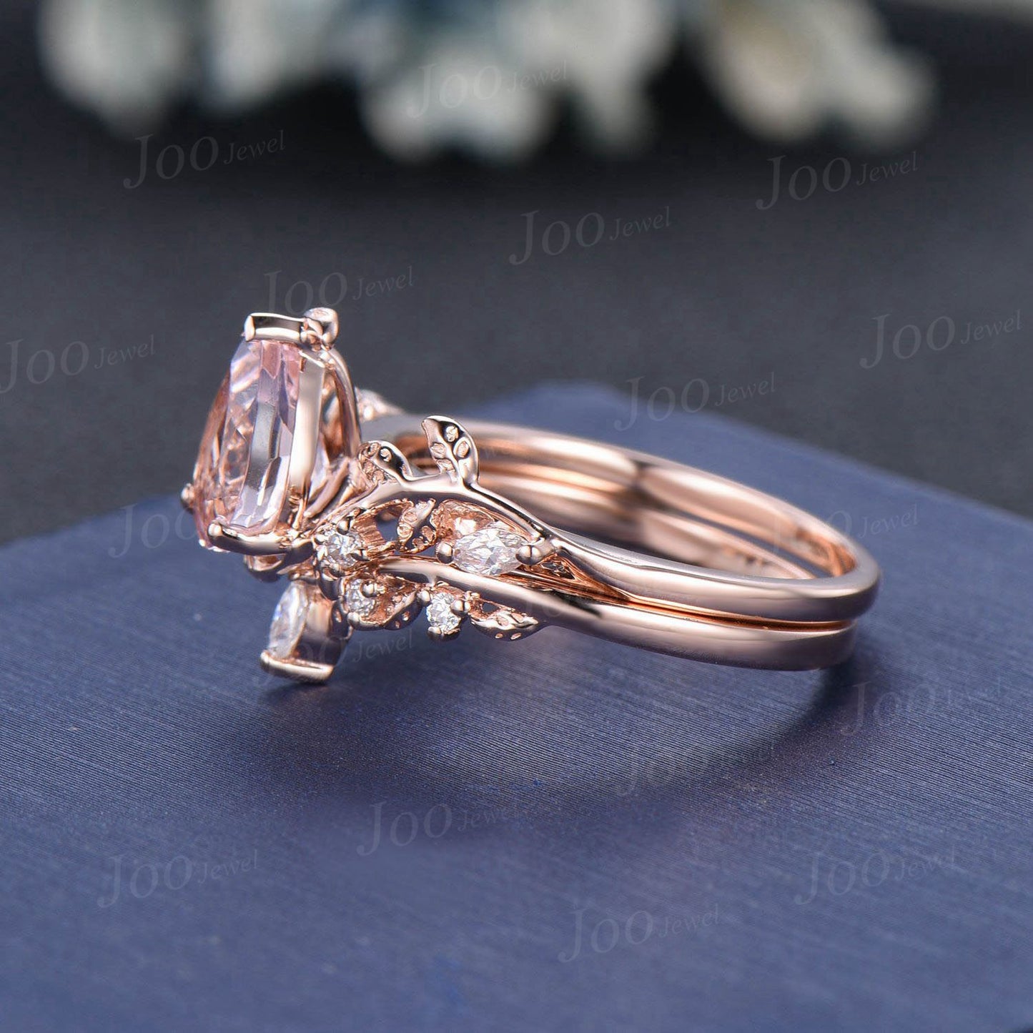 Pear Cut Natural Pink Morganite Diamond Leaf Engagement Ring Set 14K Rose Gold Branch Nature Inspired Real Diamond Morganite Wedding Ring