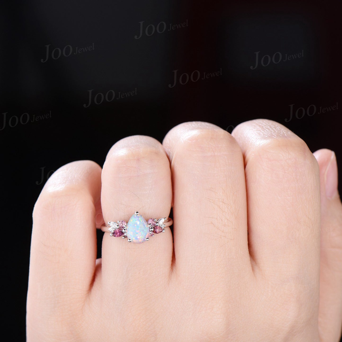White Opal Ring 10K/14K/18K Rose Gold Opal Cluster Engagement Ring Real Pink Tourmaline Wedding Ring October Birthstone Jewelry Gift Women