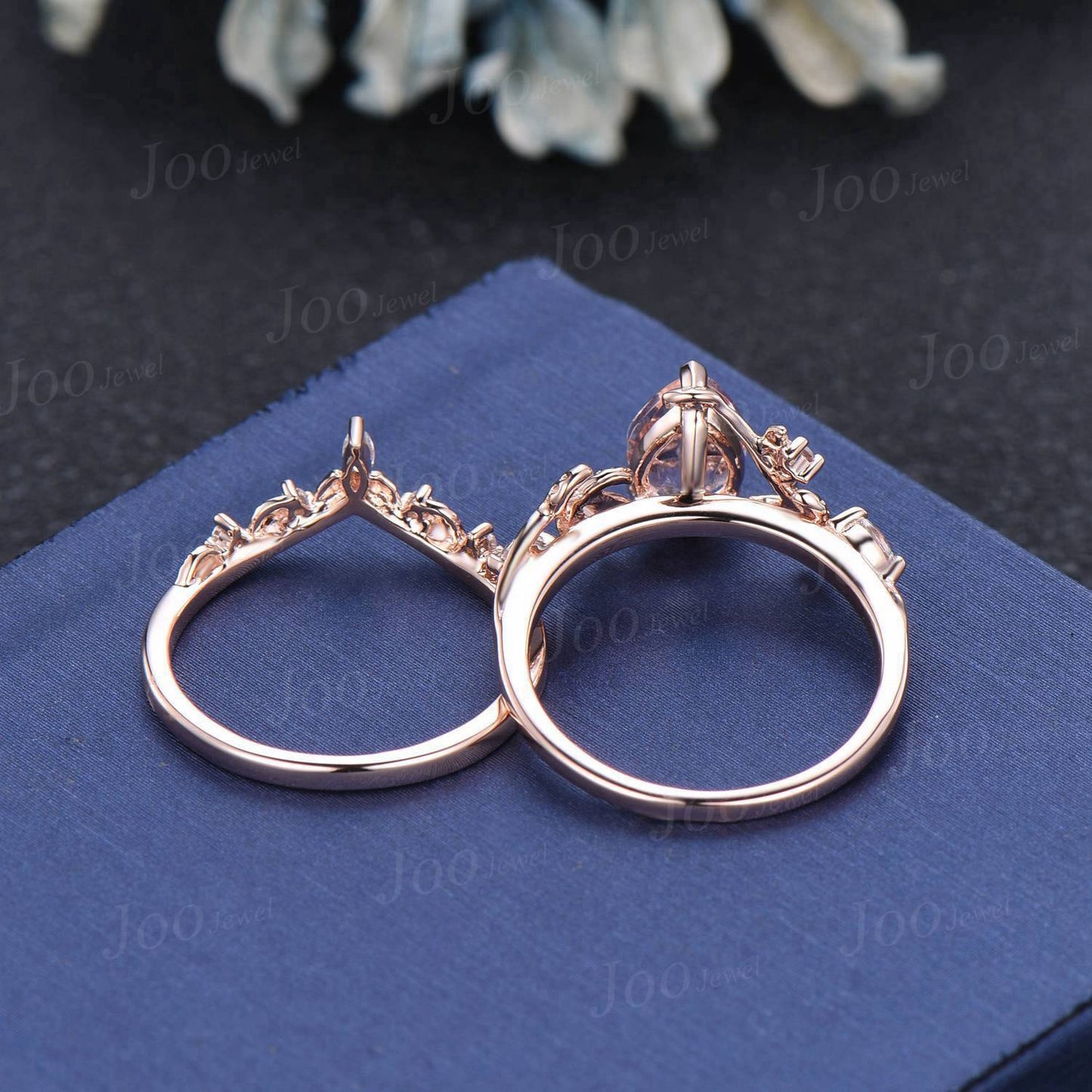 Pear Cut Natural Pink Morganite Diamond Leaf Engagement Ring Set 14K Rose Gold Branch Nature Inspired Real Diamond Morganite Wedding Ring