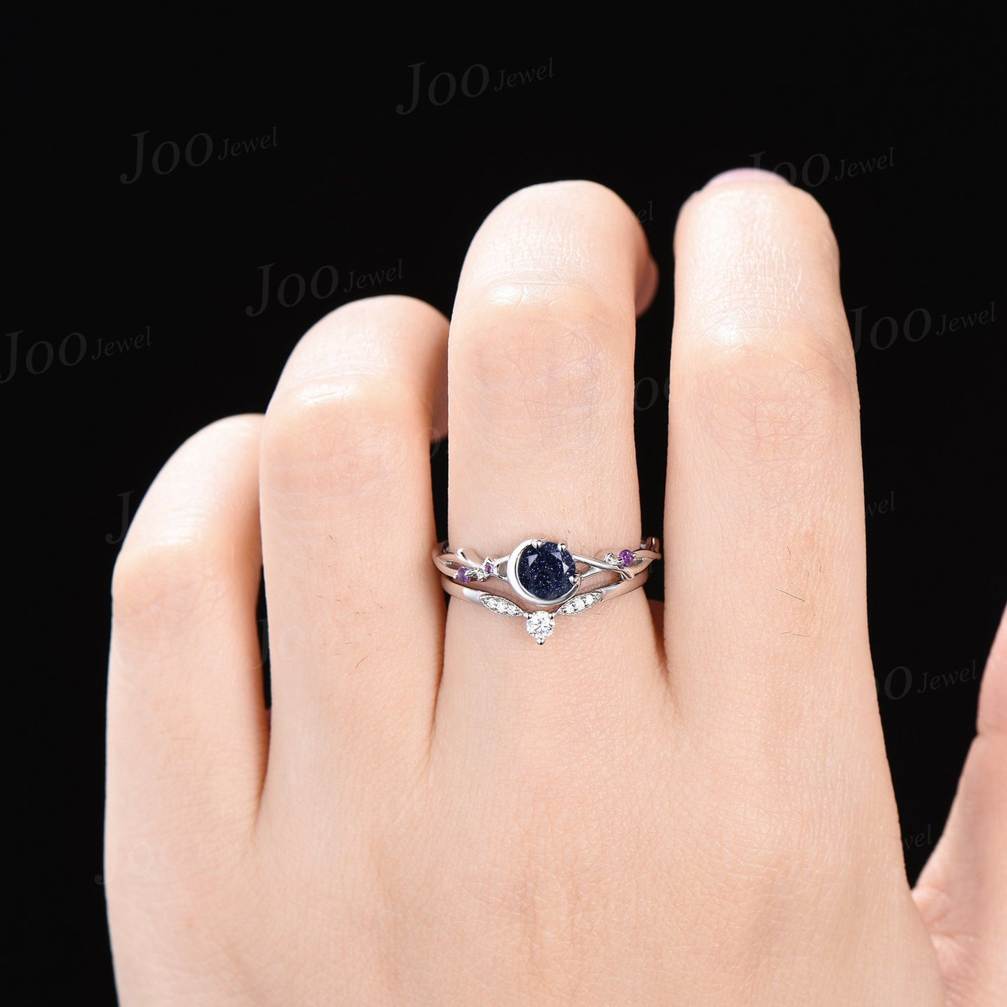 Sterling Silver Twig Vine Galaxy Blue Goldstone Amethyst Bridal Set Celestial Moon Ring Round Starry Night Blue Sandstone Wedding Ring Women