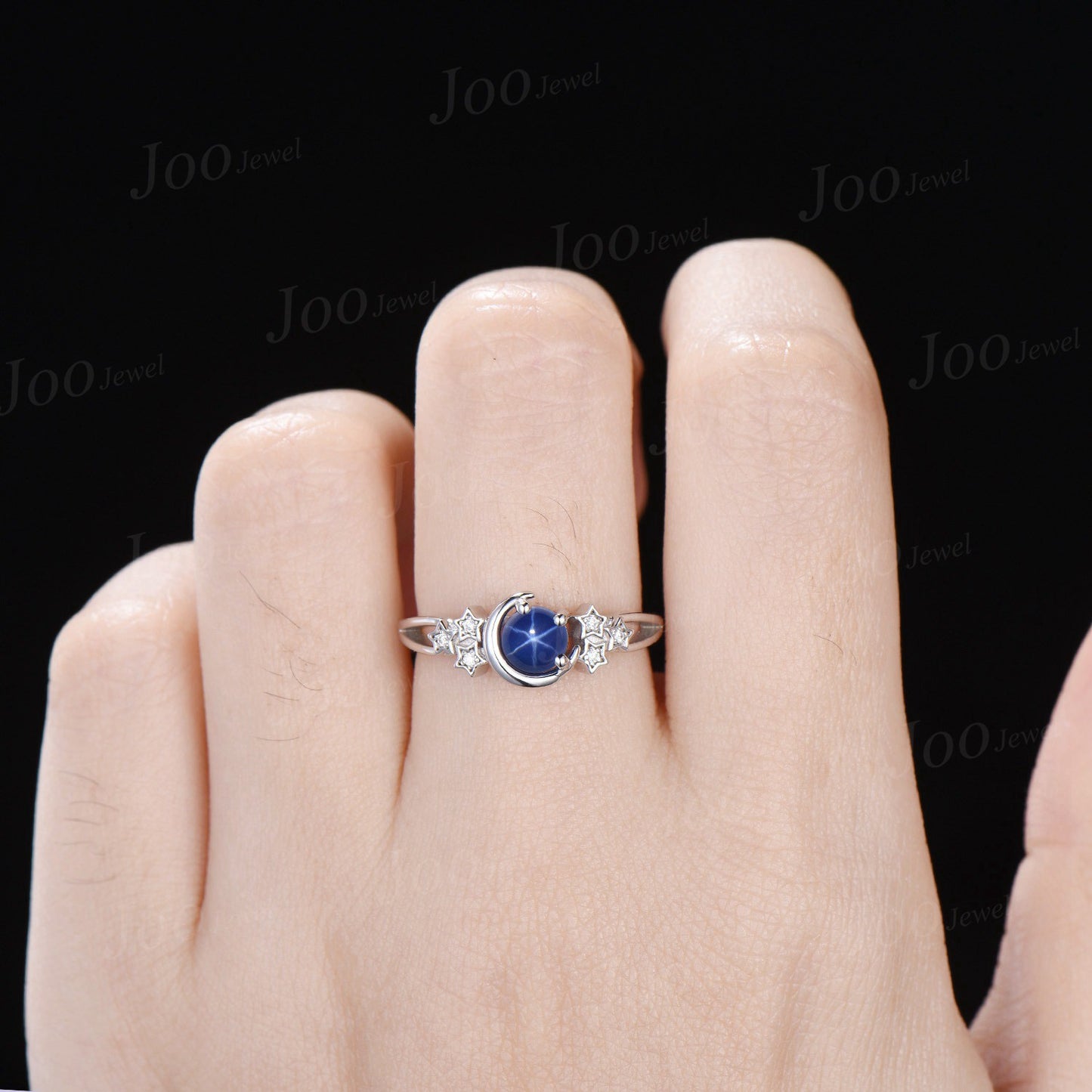 5mm Round Star Sapphire Moon Star Engagement Ring Cluster Wedding Ring Split Shank Band Unique Personalized Anniversary/Promise Ring for Her
