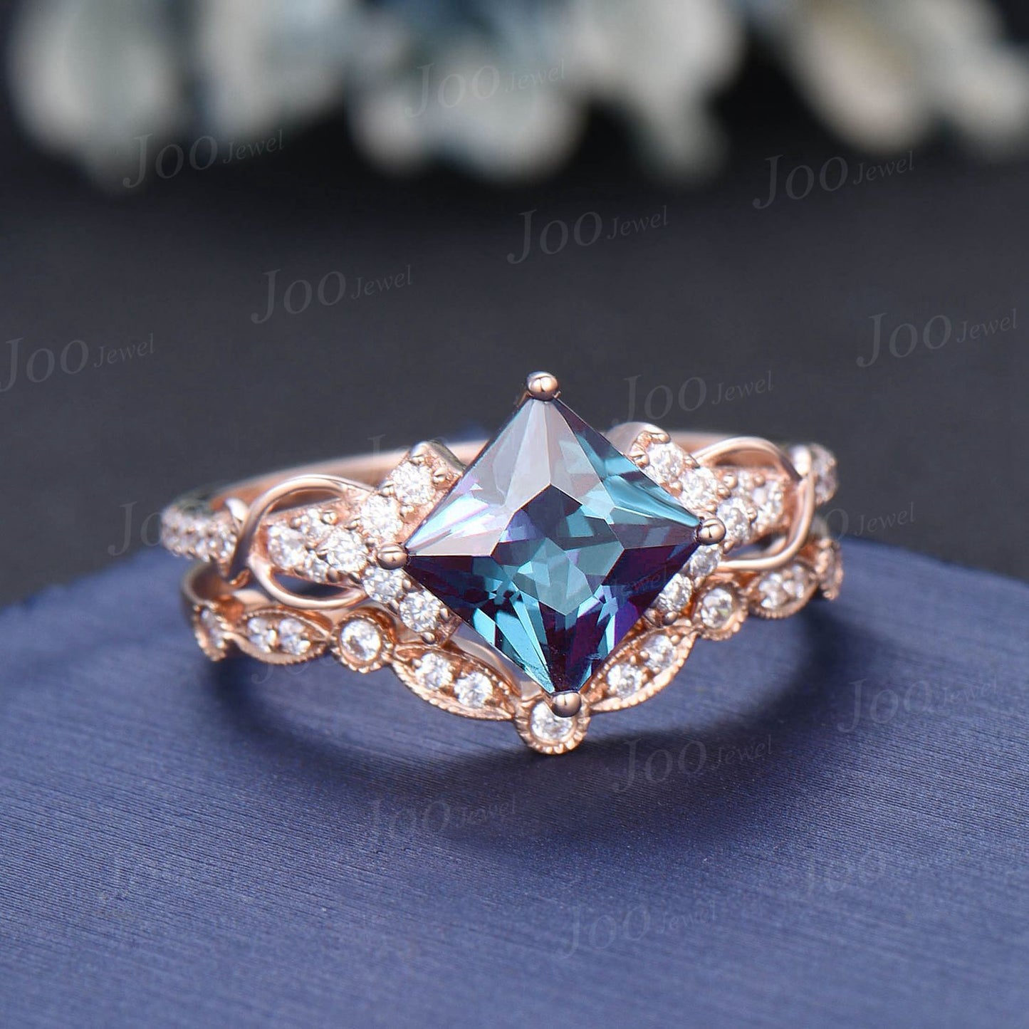 Princess Cut Color-Change Alexandrite Wedding Ring Set Rose Gold Half Eternity Moissanite Ring Unique Infinity Love Promise/Anniversary Ring