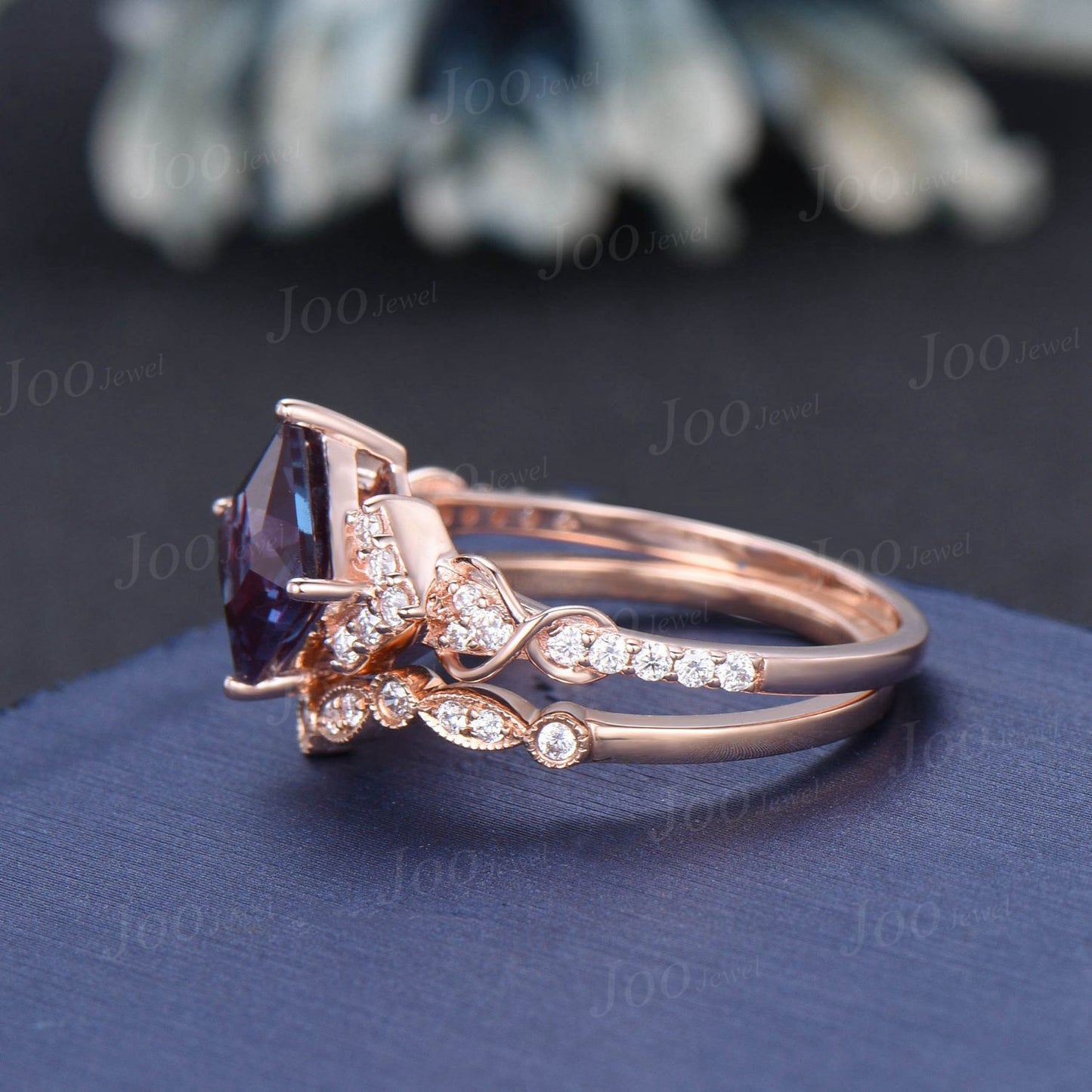 Princess Cut Color-Change Alexandrite Wedding Ring Set Rose Gold Half Eternity Moissanite Ring Unique Infinity Love Promise/Anniversary Ring