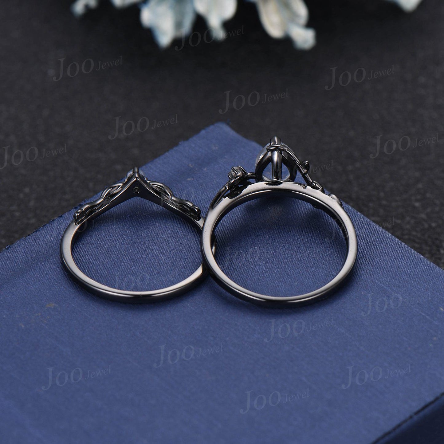 14K Black Gold Engagement Ring Pear Cut Rainbow Moonstone Ring Set Branch Leaf Natural Moonstone Bridal Set Blue Gemstone Ring Proposal Gift