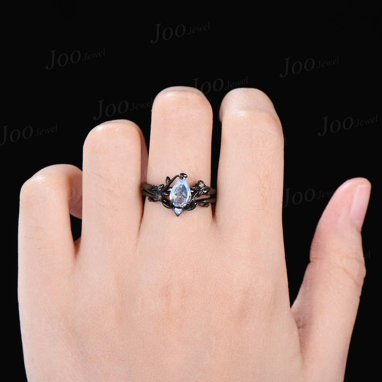 14K Black Gold Engagement Ring Pear Cut Rainbow Moonstone Ring Set Branch Leaf Natural Moonstone Bridal Set Blue Gemstone Ring Proposal Gift