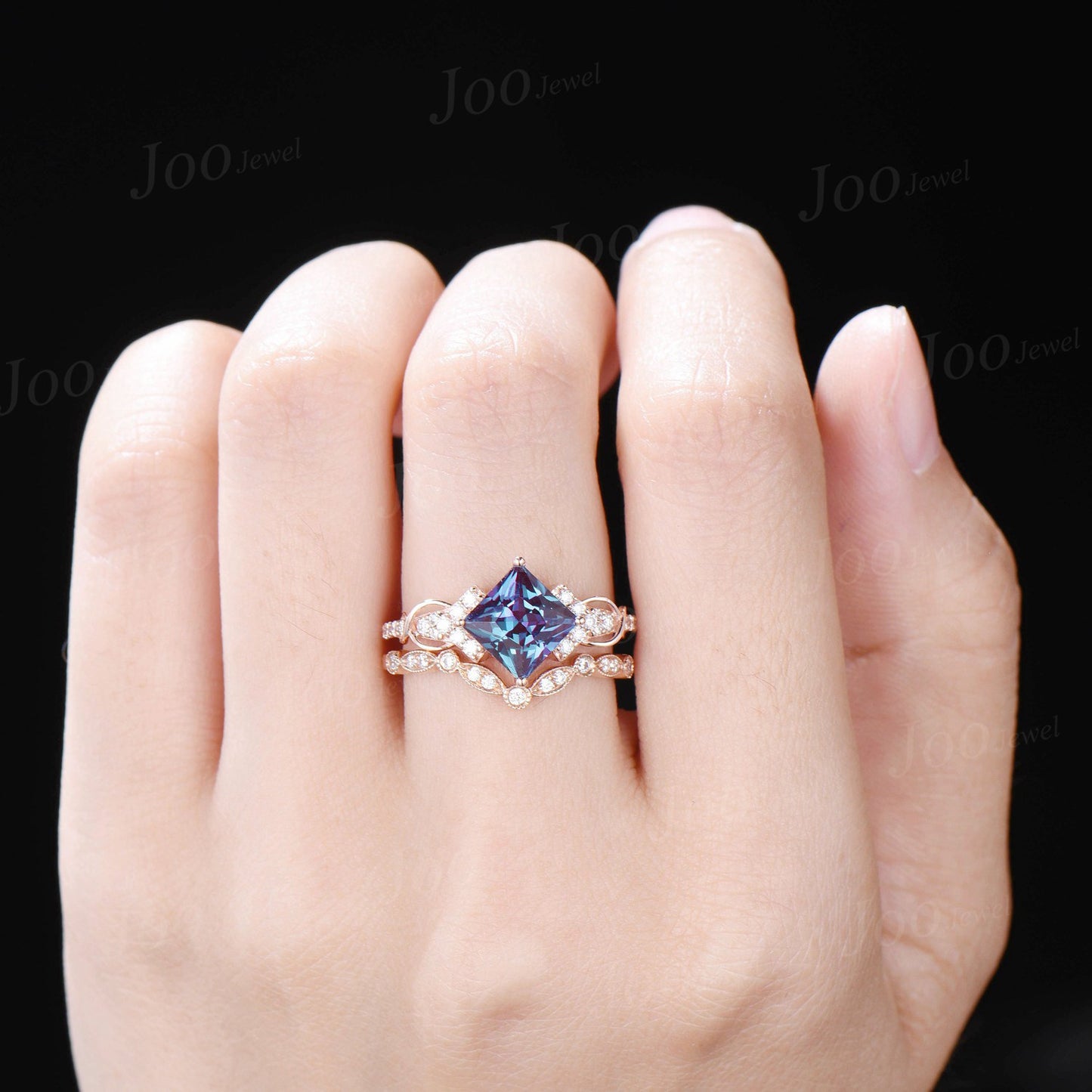 Princess Cut Color-Change Alexandrite Wedding Ring Set Rose Gold Half Eternity Moissanite Ring Unique Infinity Love Promise/Anniversary Ring