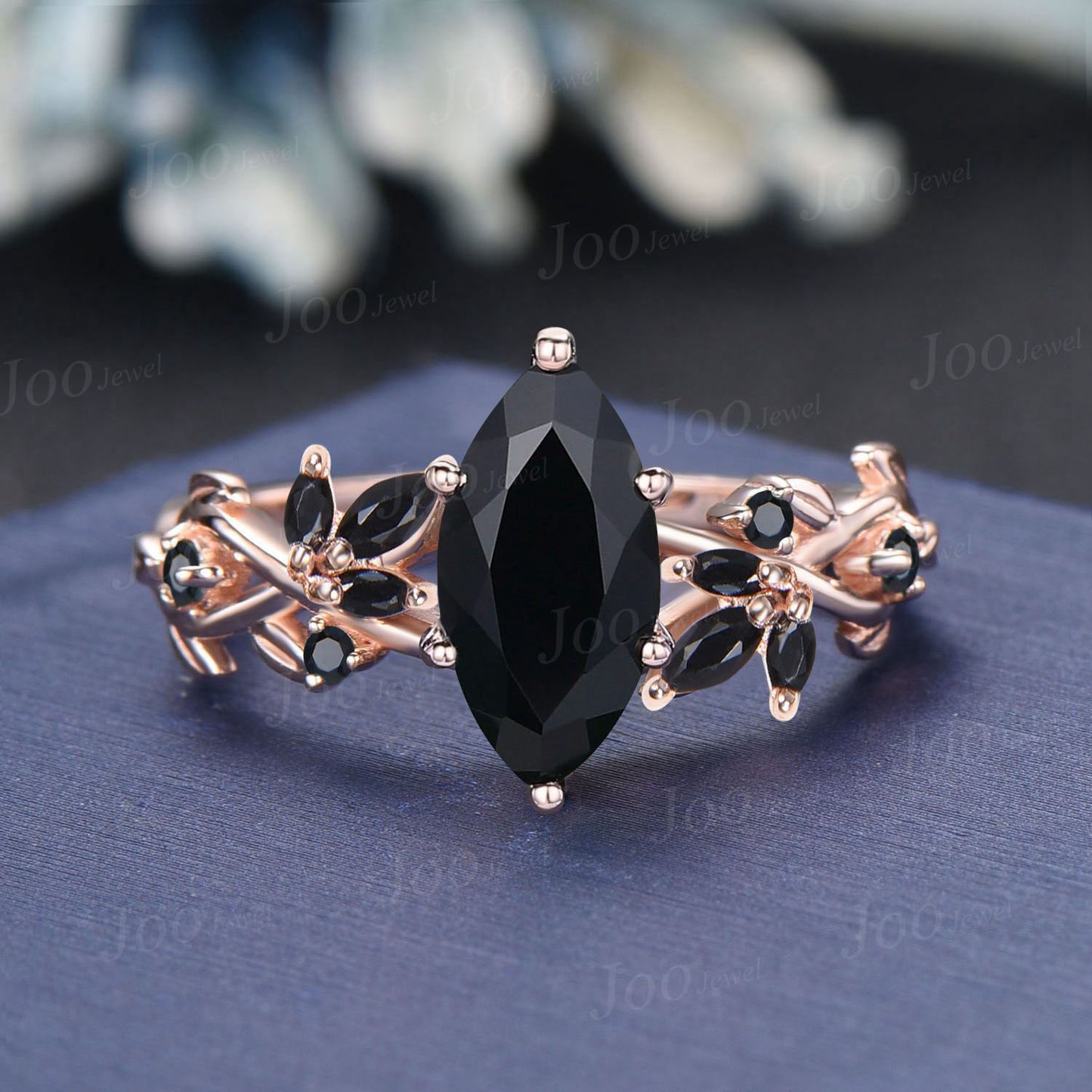 Marquise Cut Natural Black Onyx Ring Women Black Gemstone Heal Ring Rose Gold Black Stone Engagement Ring Unique Leaf Cluster Wedding Ring