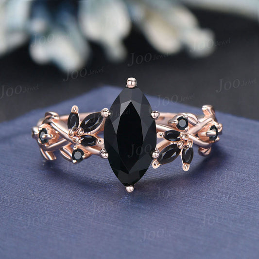 Marquise Cut Natural Black Onyx Ring Women Black Gemstone Heal Ring Rose Gold Black Stone Engagement Ring Unique Leaf Cluster Wedding Ring