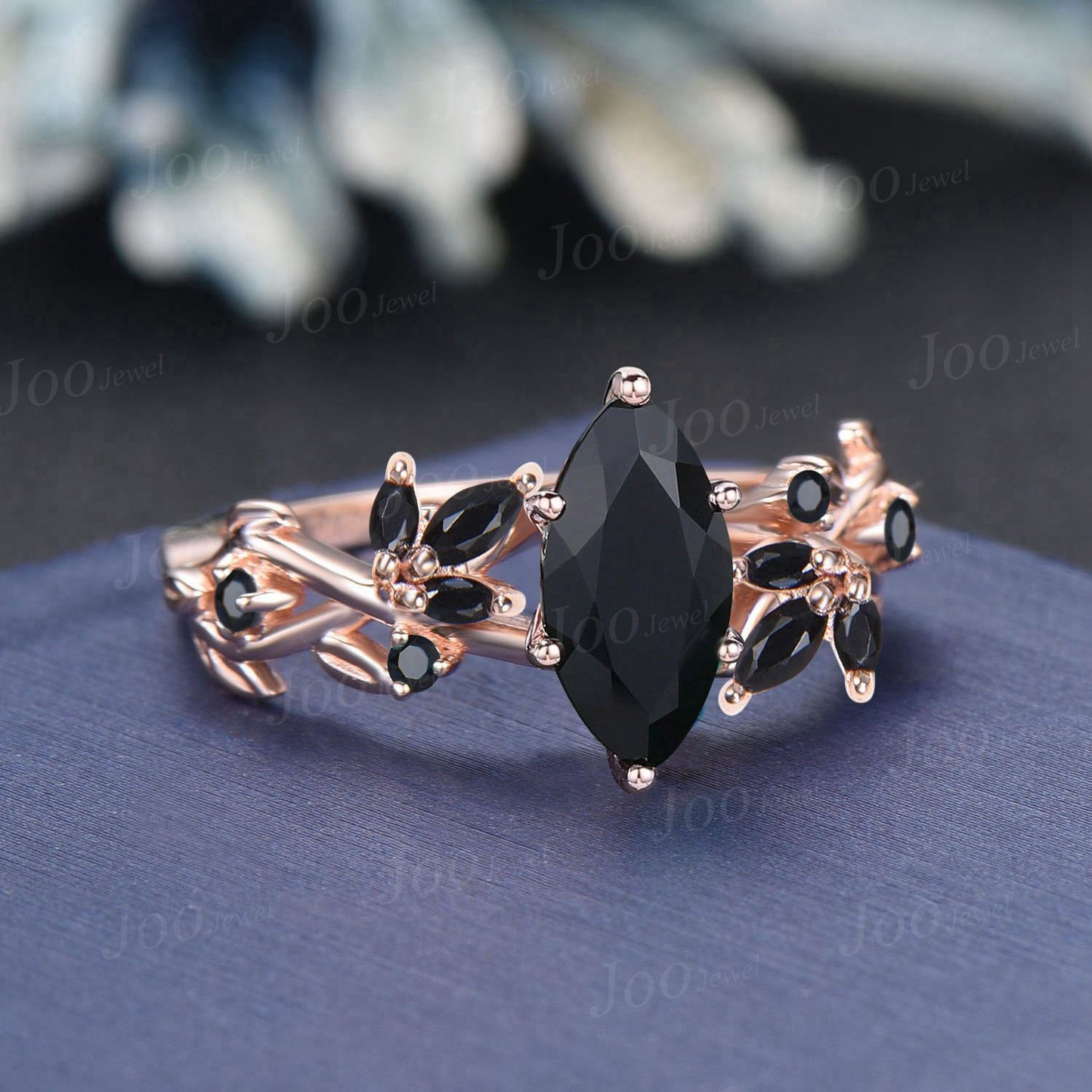 Marquise Cut Natural Black Onyx Ring Women Black Gemstone Heal Ring Rose Gold Black Stone Engagement Ring Unique Leaf Cluster Wedding Ring