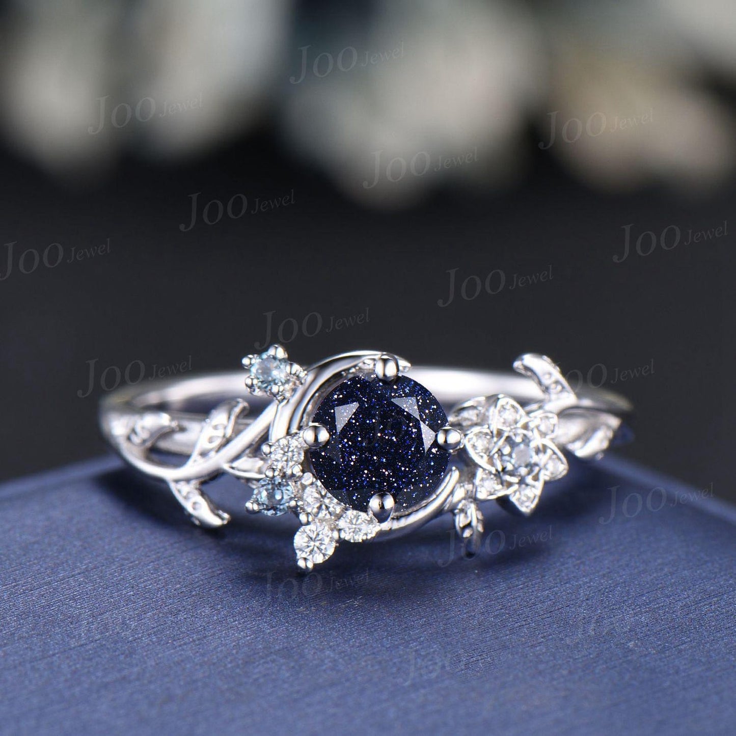 Nature Inspired Round Galaxy Blue Sandstone Amethyst Wedding Ring Unique Moon Leaf Vine Blue Goldstone Engagement Ring Art Deco Promise Ring