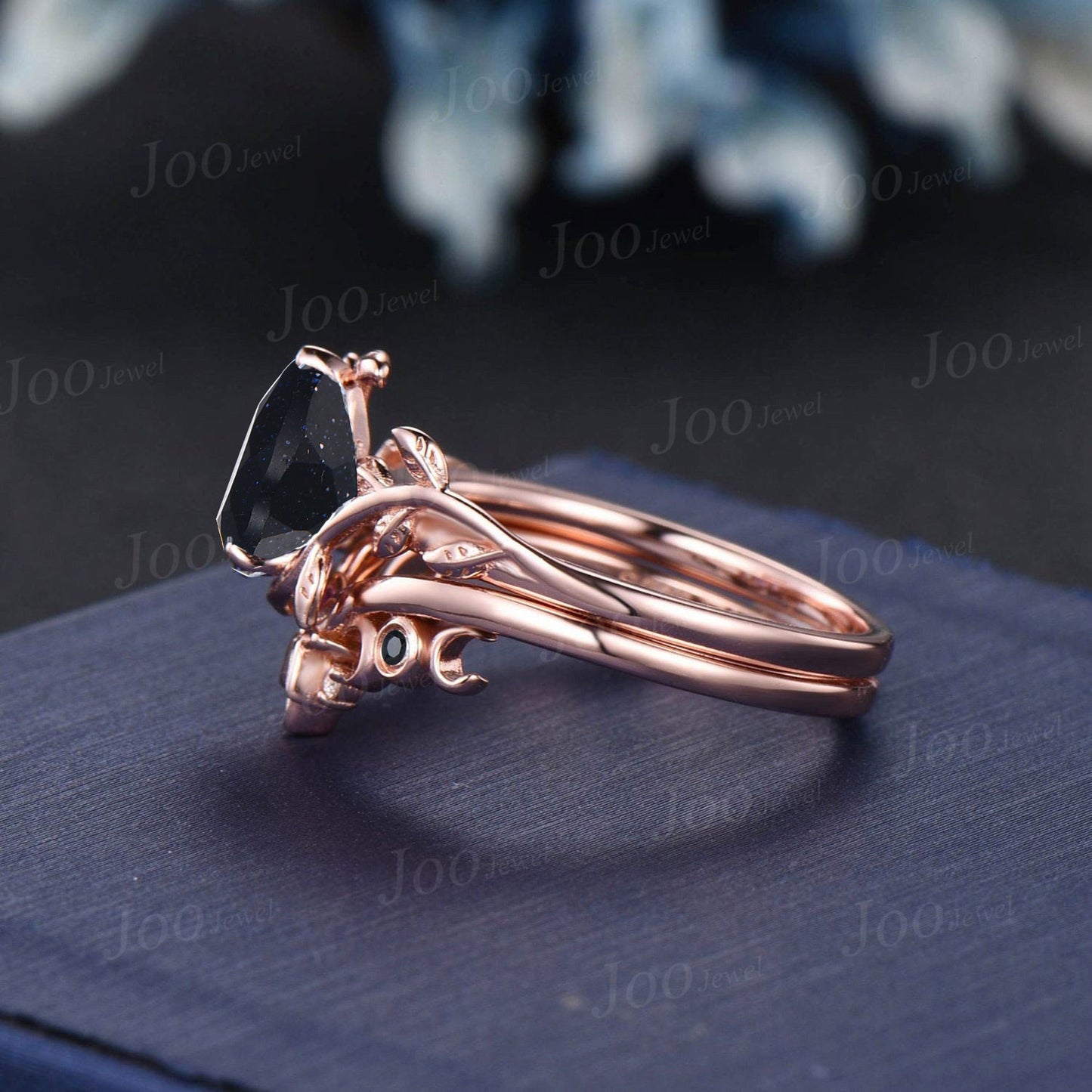 Galaxy Blue Goldstone Moss Moon Engagement Ring 14K Rose Gold Nature Inspired Celtic Black Spinel Ring For Women Blue Sandstone Bridal Ring