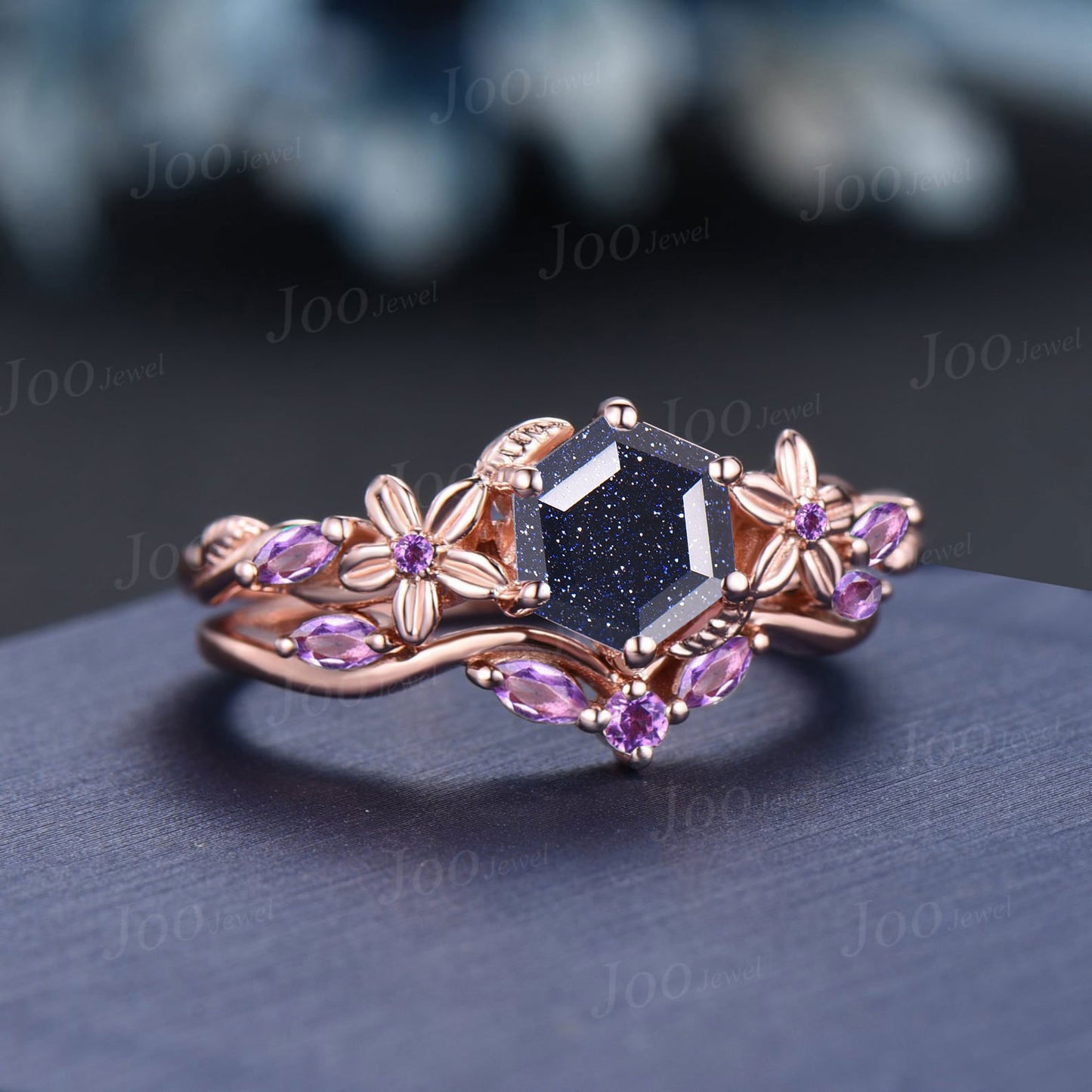1ct Nature Inspired Hexagon Galaxy Blue Sandstone Engagement Ring Set Rose Flower Amethyst Wedding Ring 14K Rose Gold Floral Leaf Ring Gifts