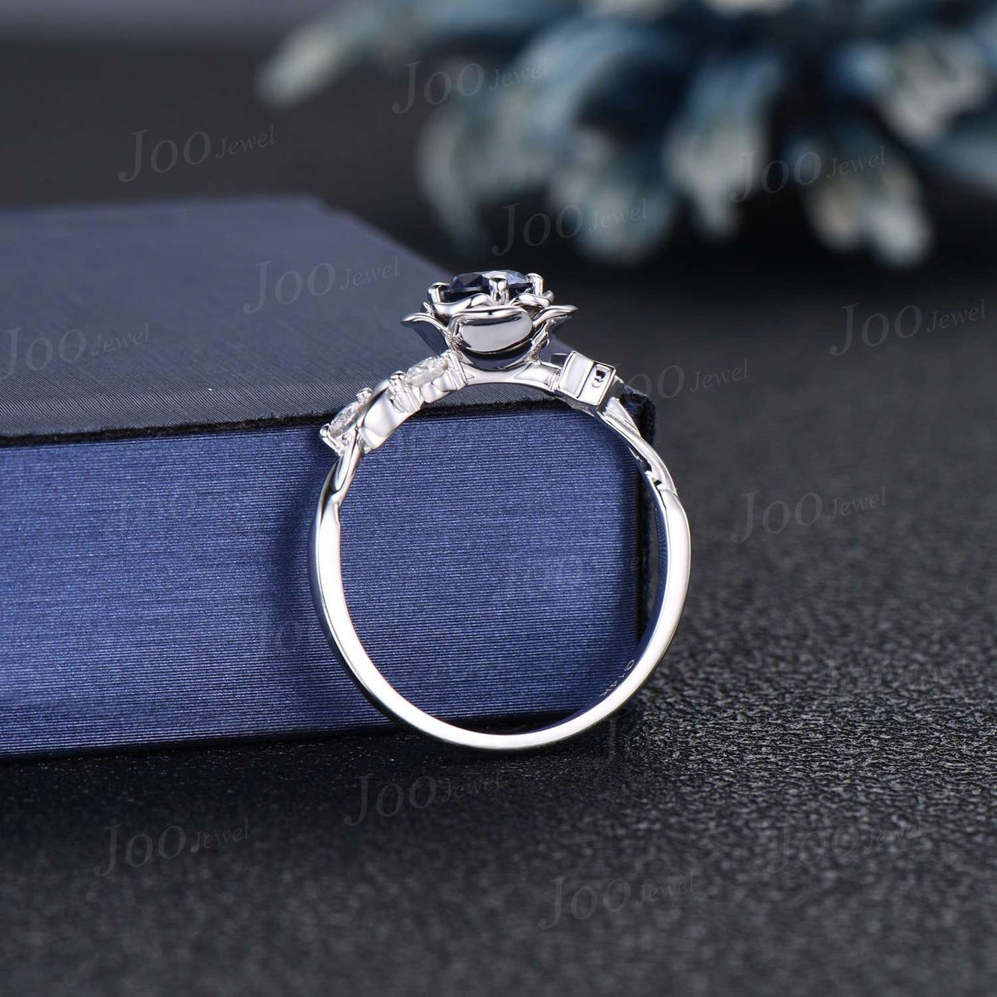 Nature Inspired Natural Blue Sapphire Diamond Ring Rose Flower Wedding Ring Moon Star Proposal Ring Unique September Birthday Gifts Women