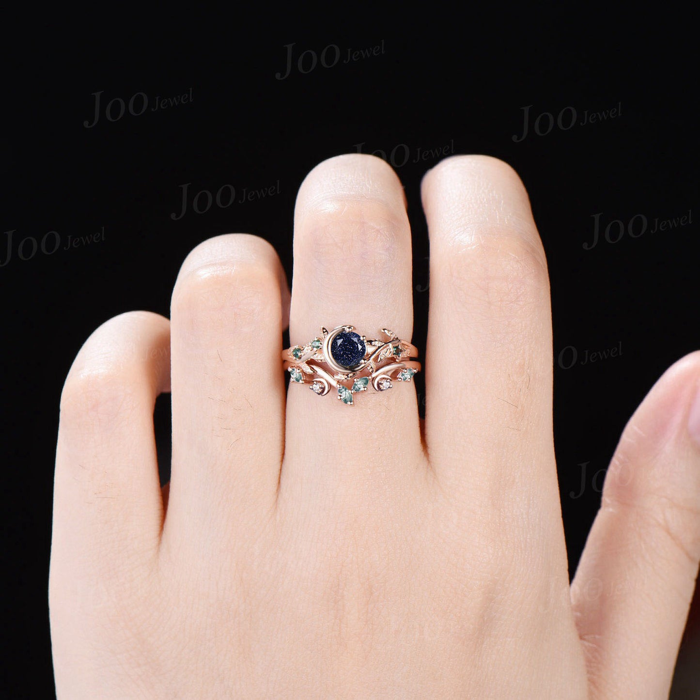 5mm Round Cut Galaxy Blue Sandstone Moon Engagement Ring Set Vintage Emerald Moss Agate Nature Bridal Ring Leaf Branch Bypass Wedding Ring