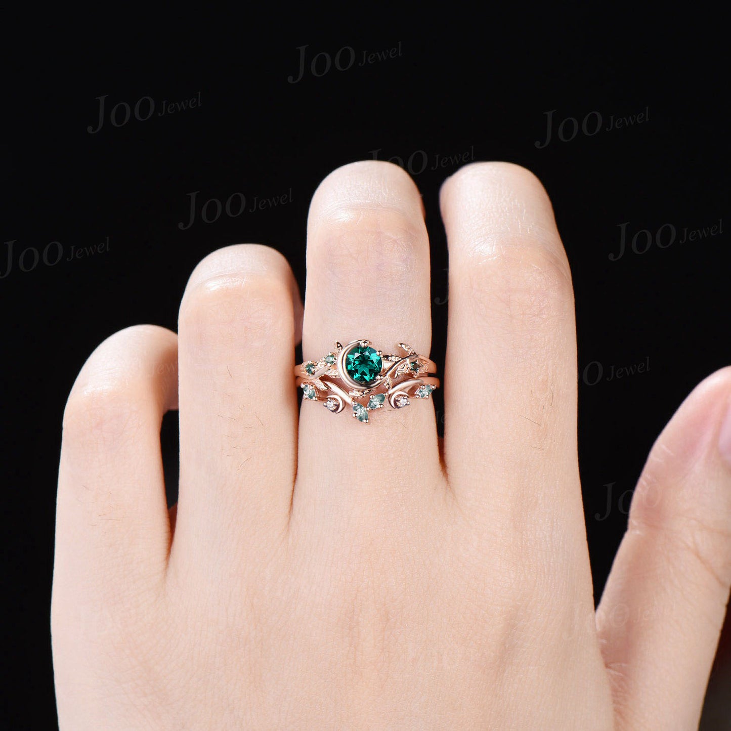 5mm Round Green Emerald Moss Agate Ring Set Unique Moon Star Promise Ring 10K White Gold Nature Inspired Branch Leaf Emerald Wedding Rings