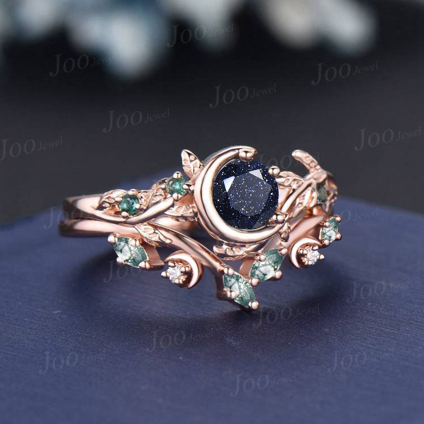 5mm Round Cut Galaxy Blue Sandstone Moon Engagement Ring Set Vintage Emerald Moss Agate Nature Bridal Ring Leaf Branch Bypass Wedding Ring