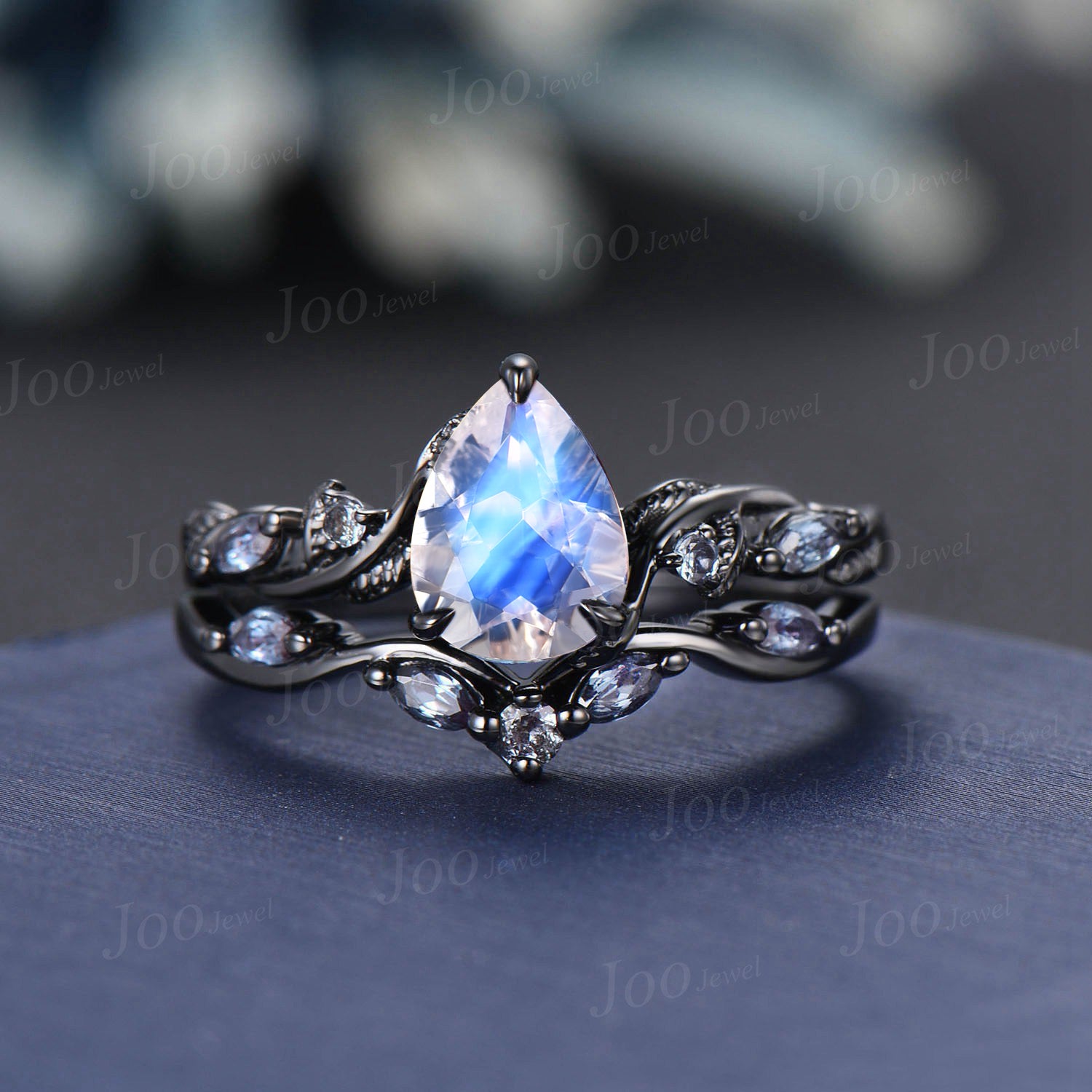 Moonstone Wedding Ring Set Crescent Moon Unique White Opal