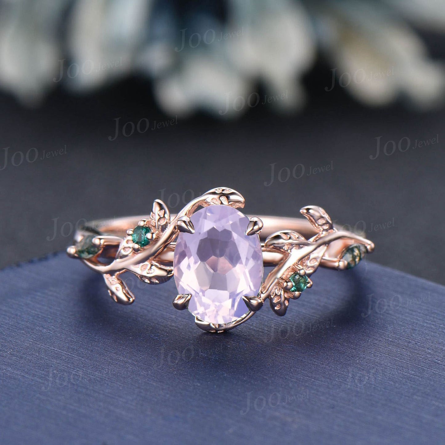 Oval Cut Lavender Amethyst Engagement Ring Vintage 14K Rose Gold Art Deco Cluster Leaf Twig Vine Moss Agate Emerald Bridal Wedding Ring Set