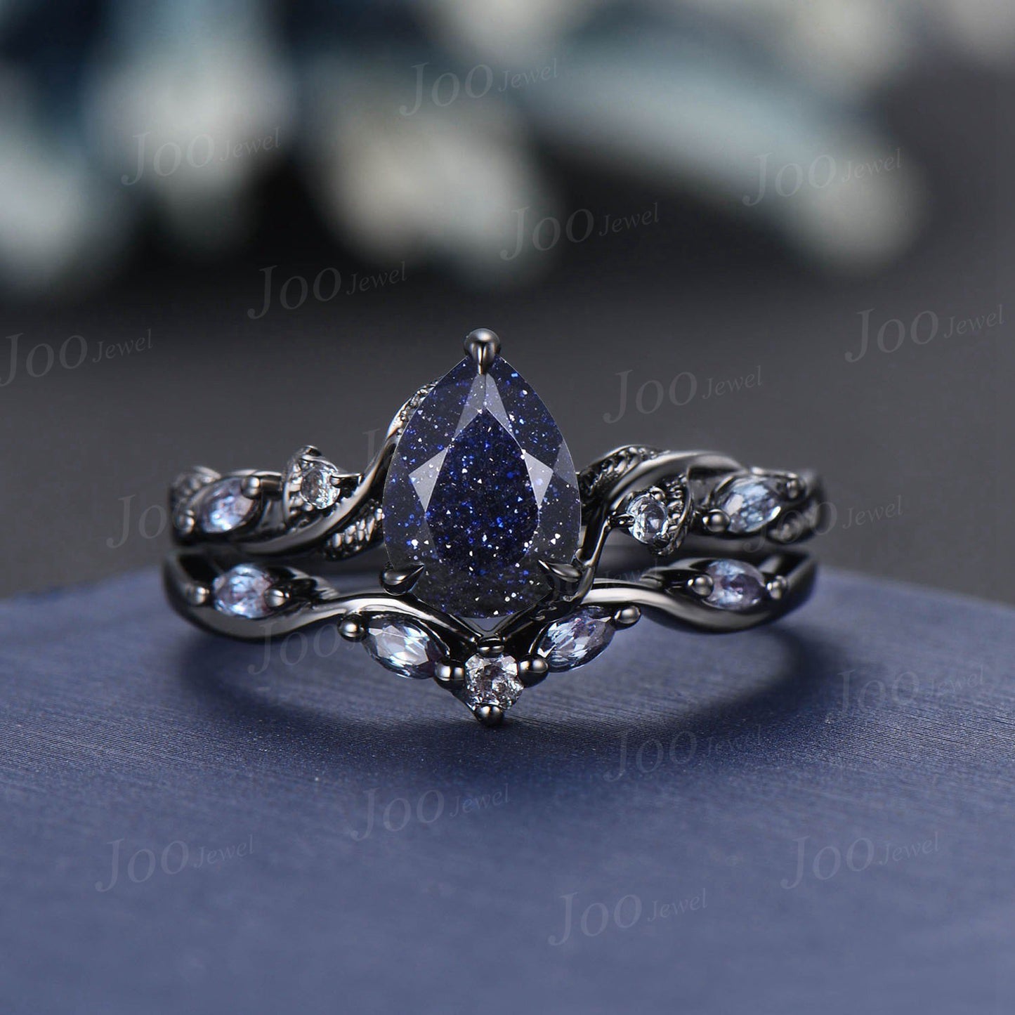 1.25ct Nature Inspired Pear Galaxy Blue Sandstone Amethyst Bridal Set Unique Twig Vine Teardrop Blue Goldstone Black Gold Wedding Ring Set
