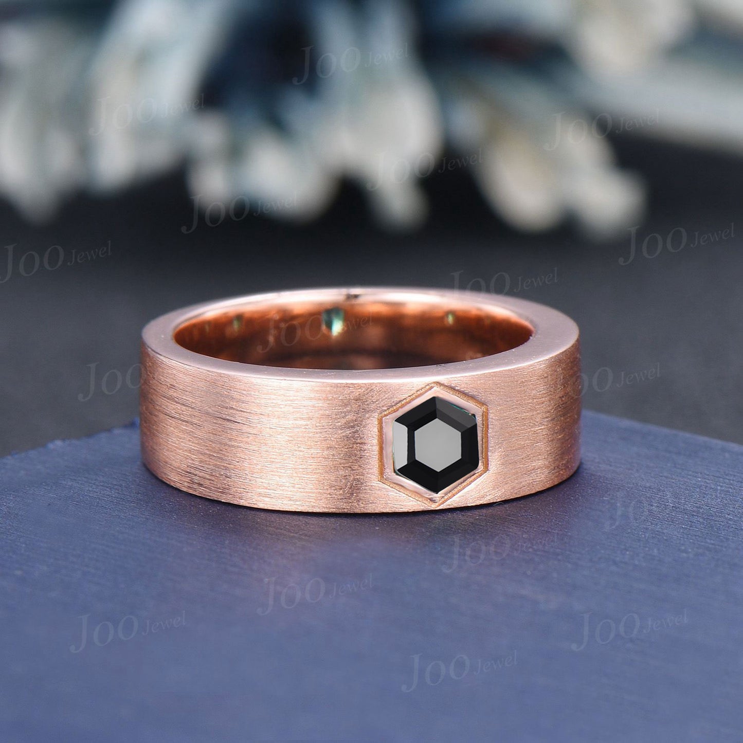 Hexagon Cut Natural Black Onyx Mens Wedding Band 14K Rose Gold Matte Finish Men Solitaire Engagement Ring Goth Black Promise Ring for Male