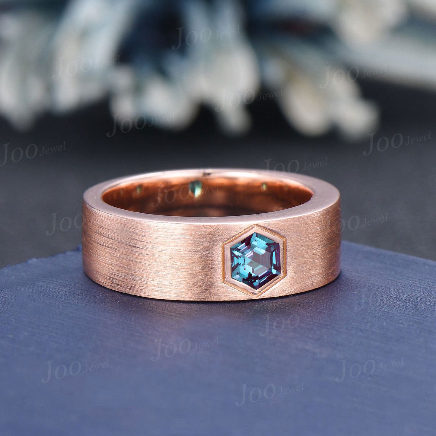 Hexagon Cut Color-Change Alexandrite Mens Wedding Band 14K Solid Gold Matte Finish Men Solitaire Engagement Ring Goth Promise Ring for Male