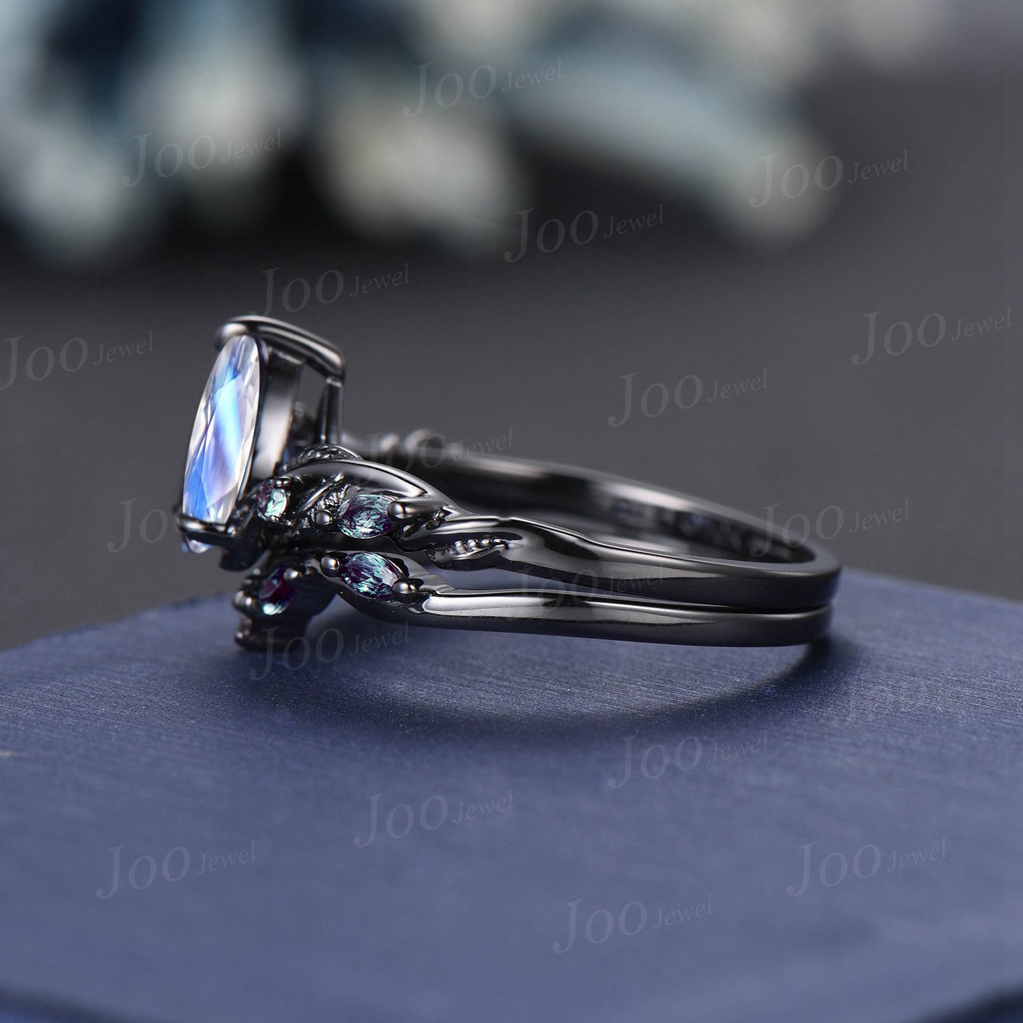14K Black Gold Engagement Ring Set 1.25ct Pear Natural Moonstone Alexandrite Wedding Ring Nature Inspired Moonstone Jewelry Gifts for Women