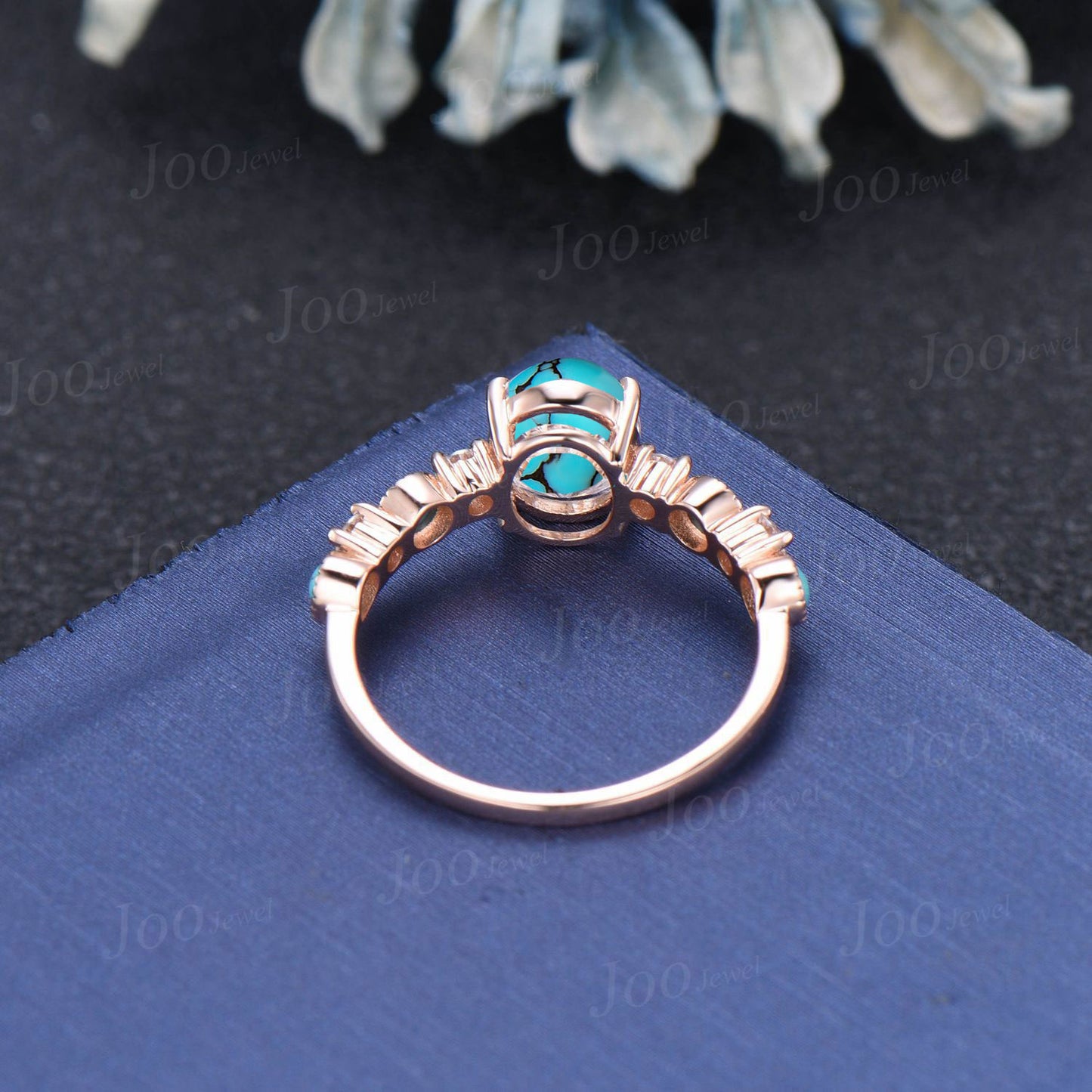 1.5ct Oval Natural Turquoise Engagement Ring Half Eternity Moissanite Cluster Turquoise Stacking Ring 10K Rose Gold Turquoise Wedding Ring